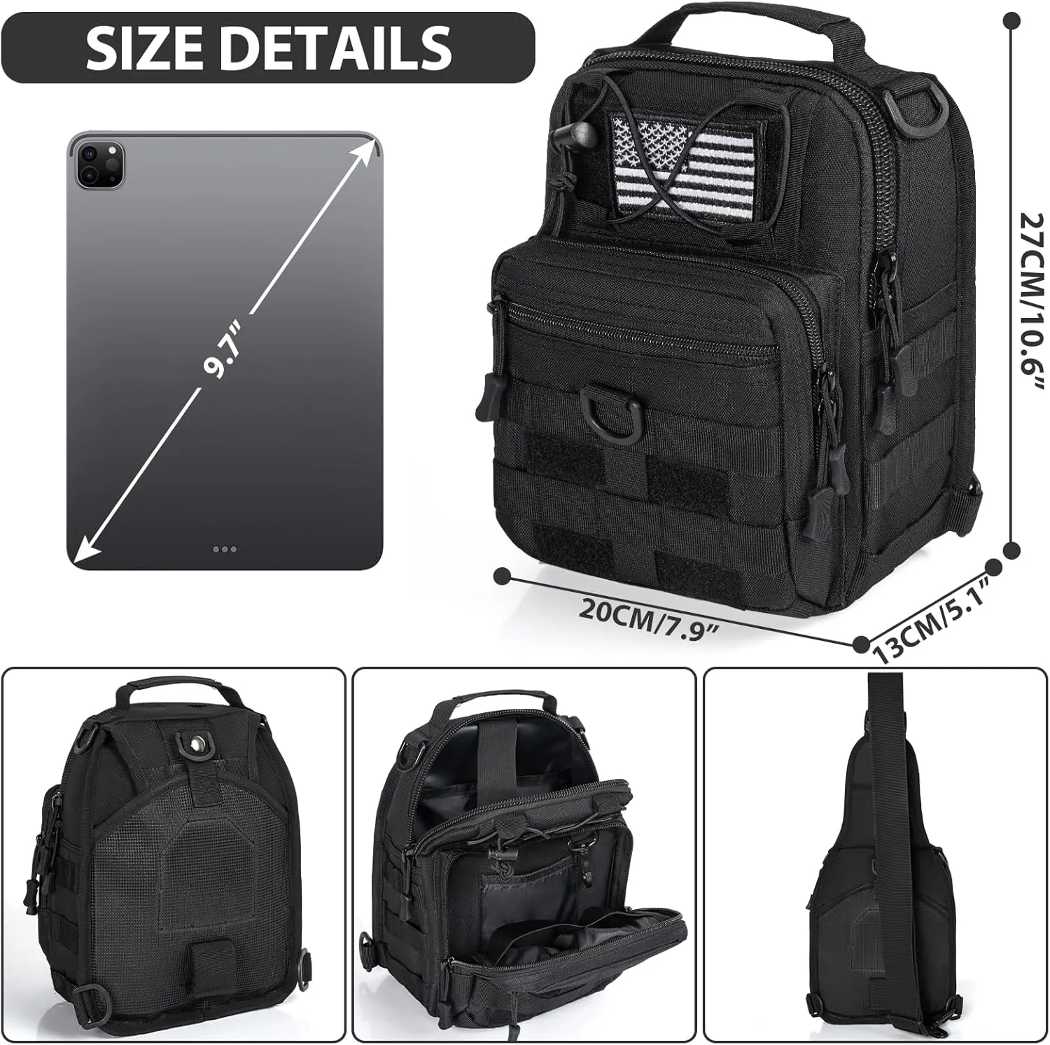 GMAK Tactical Sling Bag for Men, Small Tactical Shoulder Bag Backpack, Outdoor Military Rover Bags Travel Hiking Daypacks, Tactical EDC Crossbody Chest Bag Pack for Hiking, Cycling, Hunting, Black