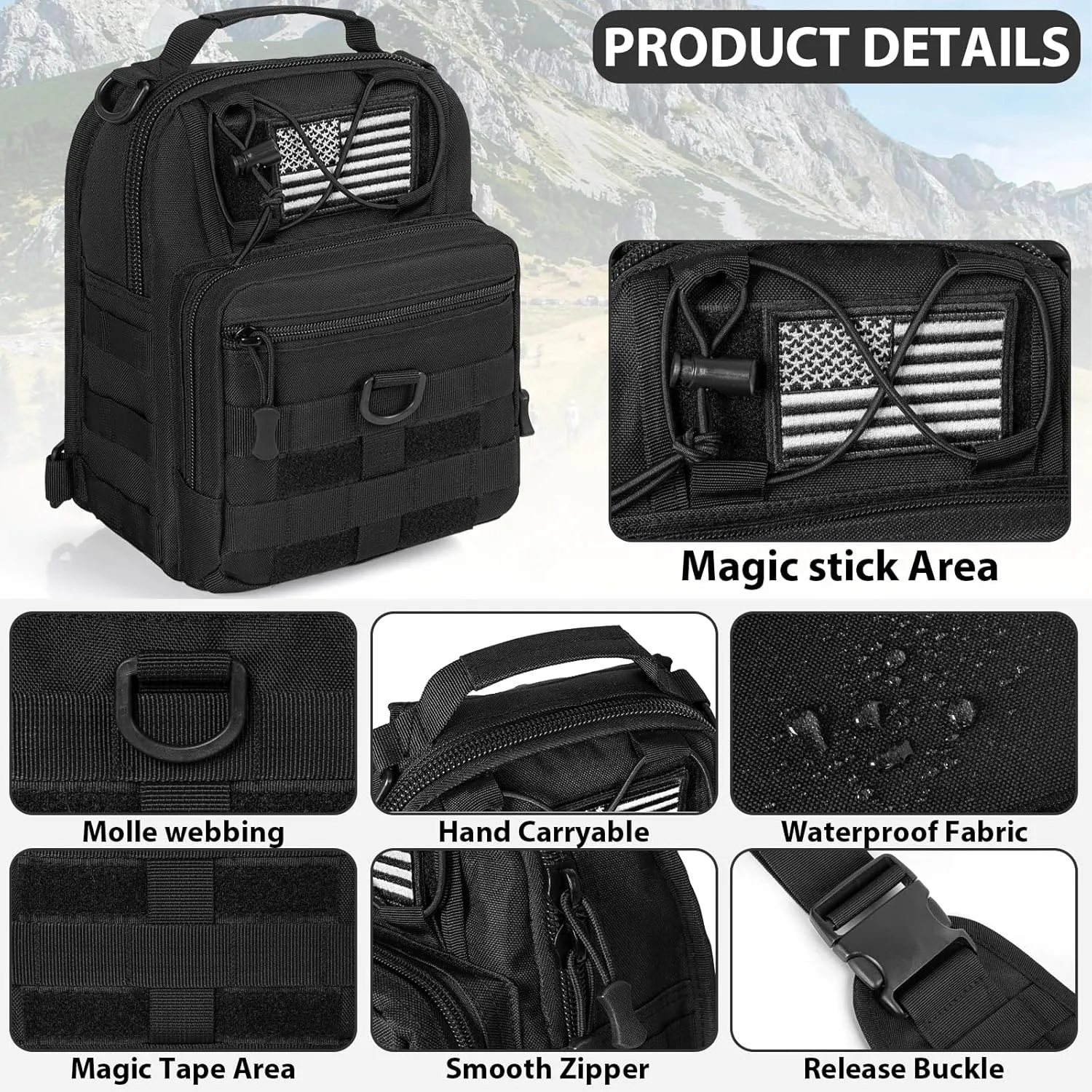 GMAK Tactical Sling Bag for Men, Small Tactical Shoulder Bag Backpack, Outdoor Military Rover Bags Travel Hiking Daypacks, Tactical EDC Crossbody Chest Bag Pack for Hiking, Cycling, Hunting, Black