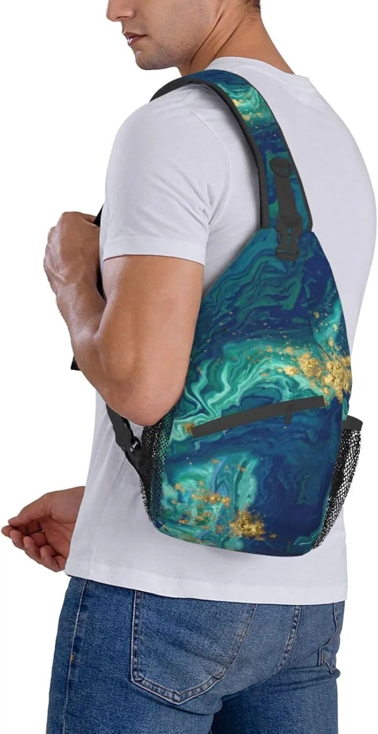 Gold Blue Liquid Fluid Abstract Marble Sling Bag for Women Men's Crossbody Sling Backpack Travel Hiking Daypack Shoulder Chest Bag with Adjustable Strap