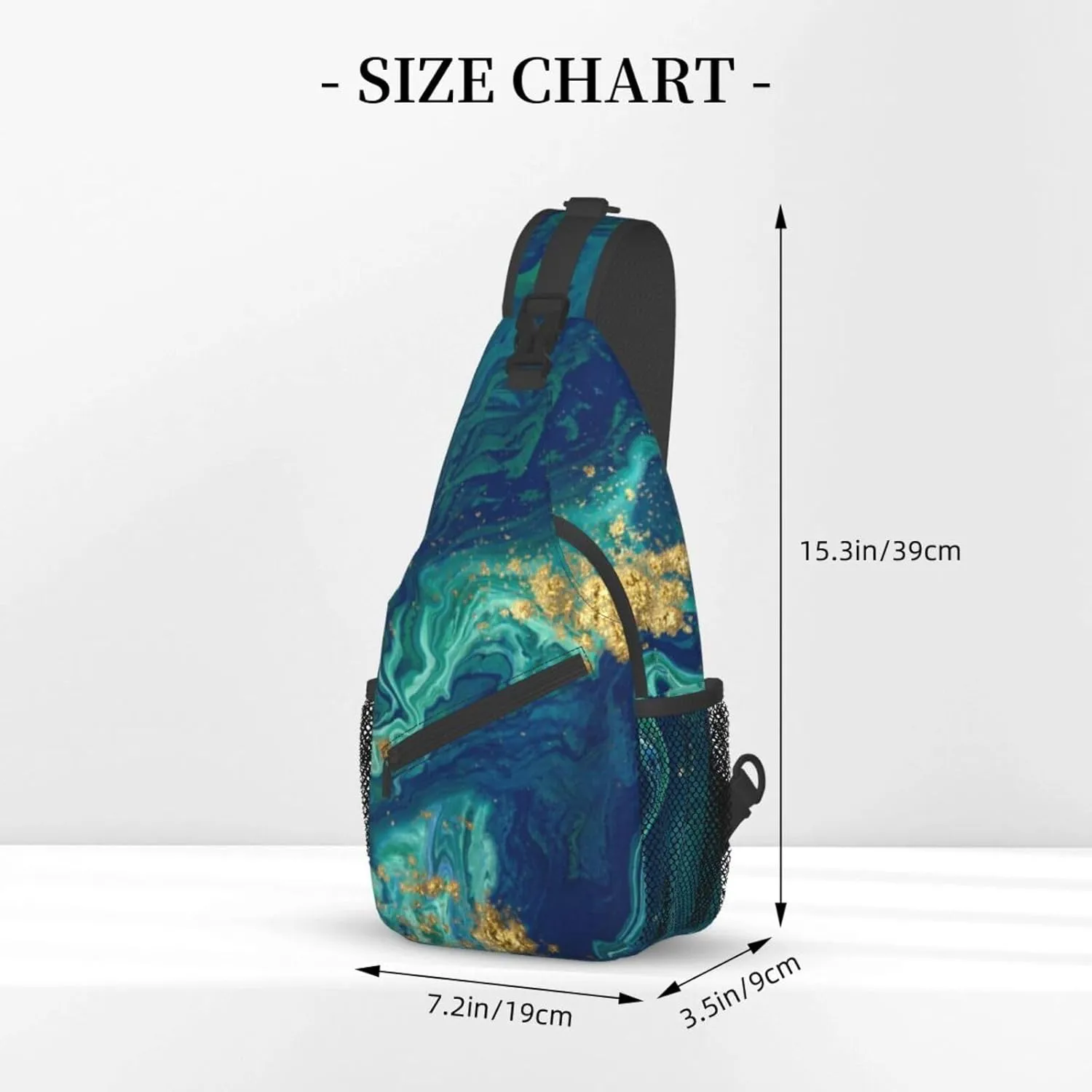 Gold Blue Liquid Fluid Abstract Marble Sling Bag for Women Men's Crossbody Sling Backpack Travel Hiking Daypack Shoulder Chest Bag with Adjustable Strap