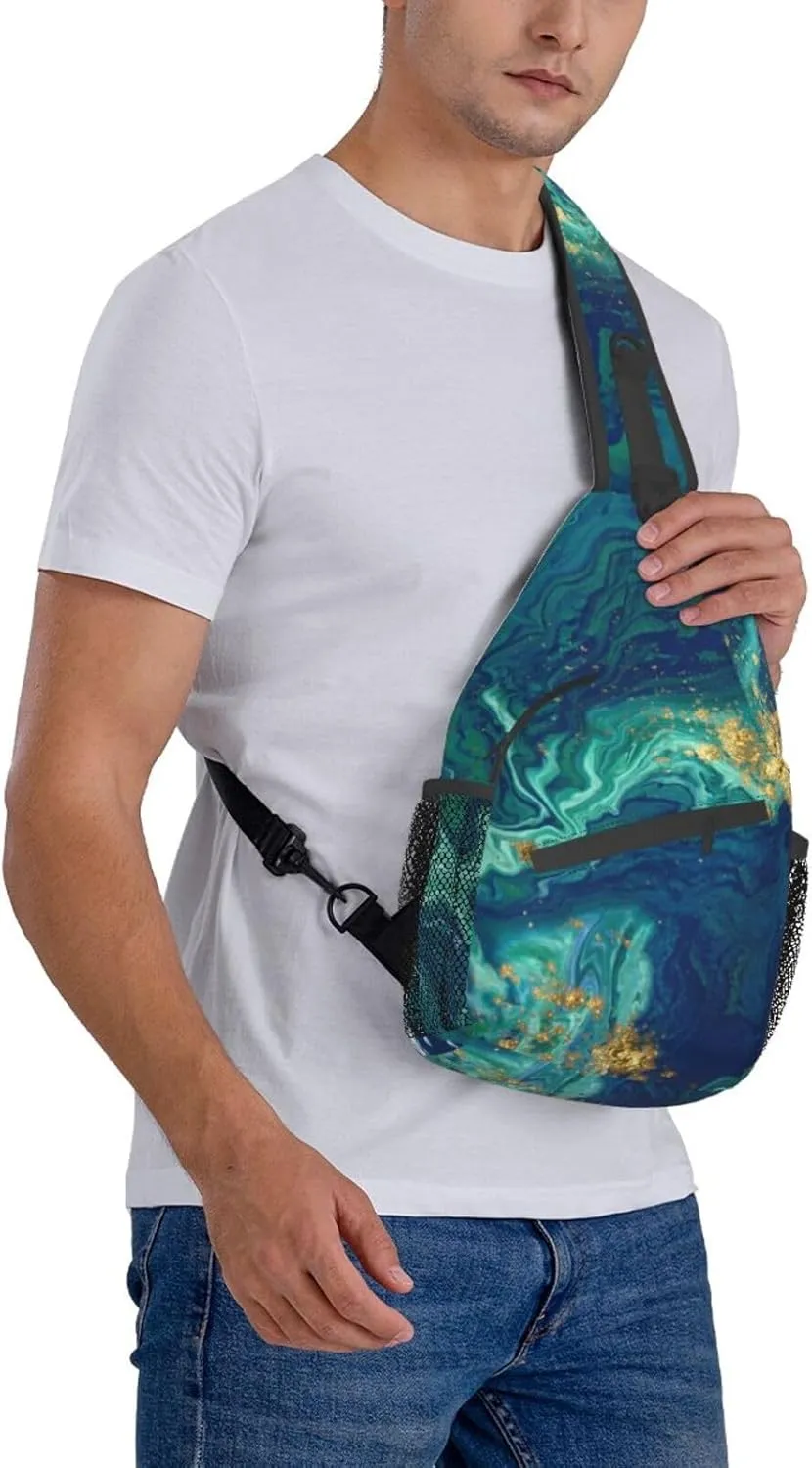Gold Blue Liquid Fluid Abstract Marble Sling Bag for Women Men's Crossbody Sling Backpack Travel Hiking Daypack Shoulder Chest Bag with Adjustable Strap