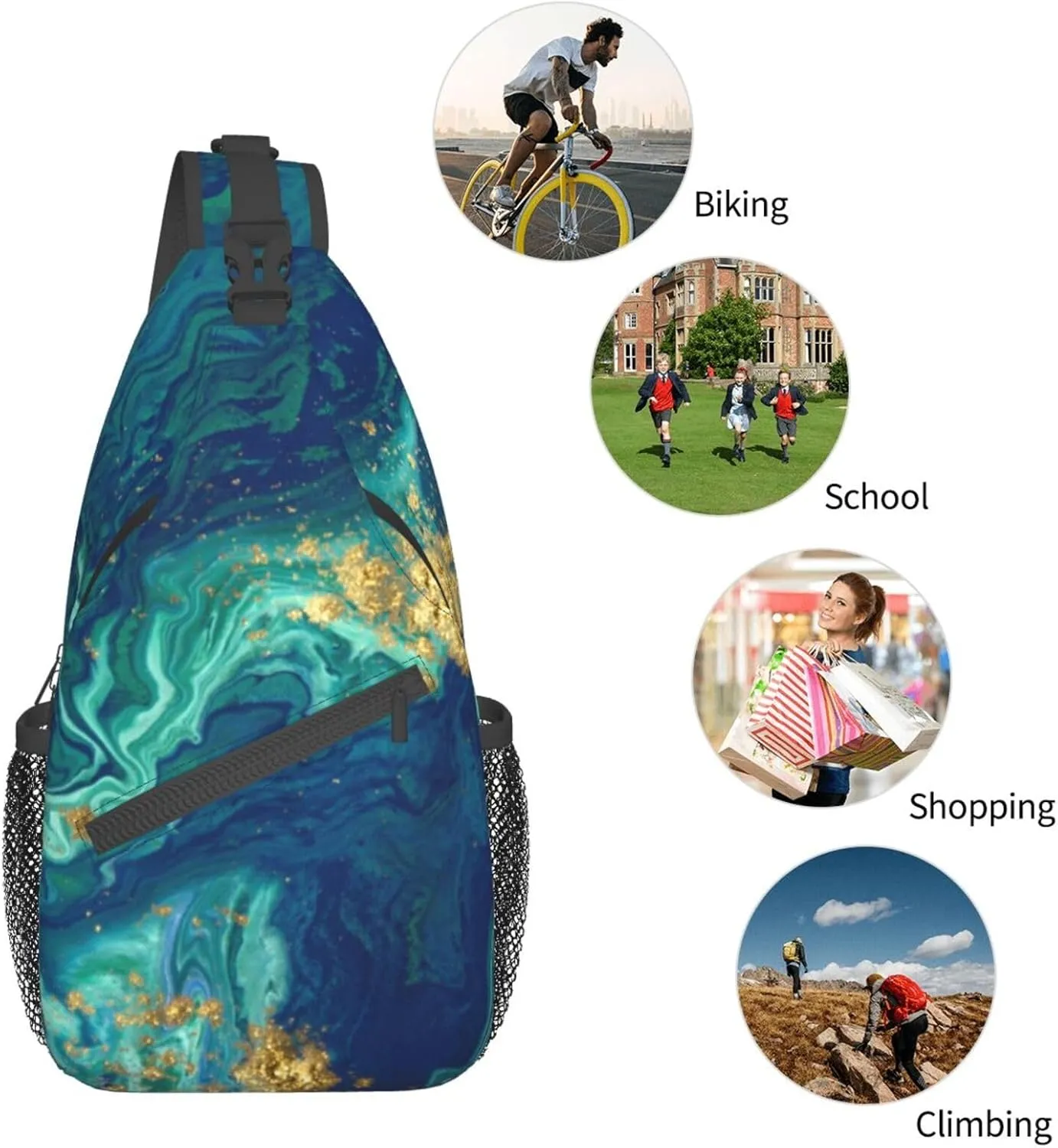 Gold Blue Liquid Fluid Abstract Marble Sling Bag for Women Men's Crossbody Sling Backpack Travel Hiking Daypack Shoulder Chest Bag with Adjustable Strap