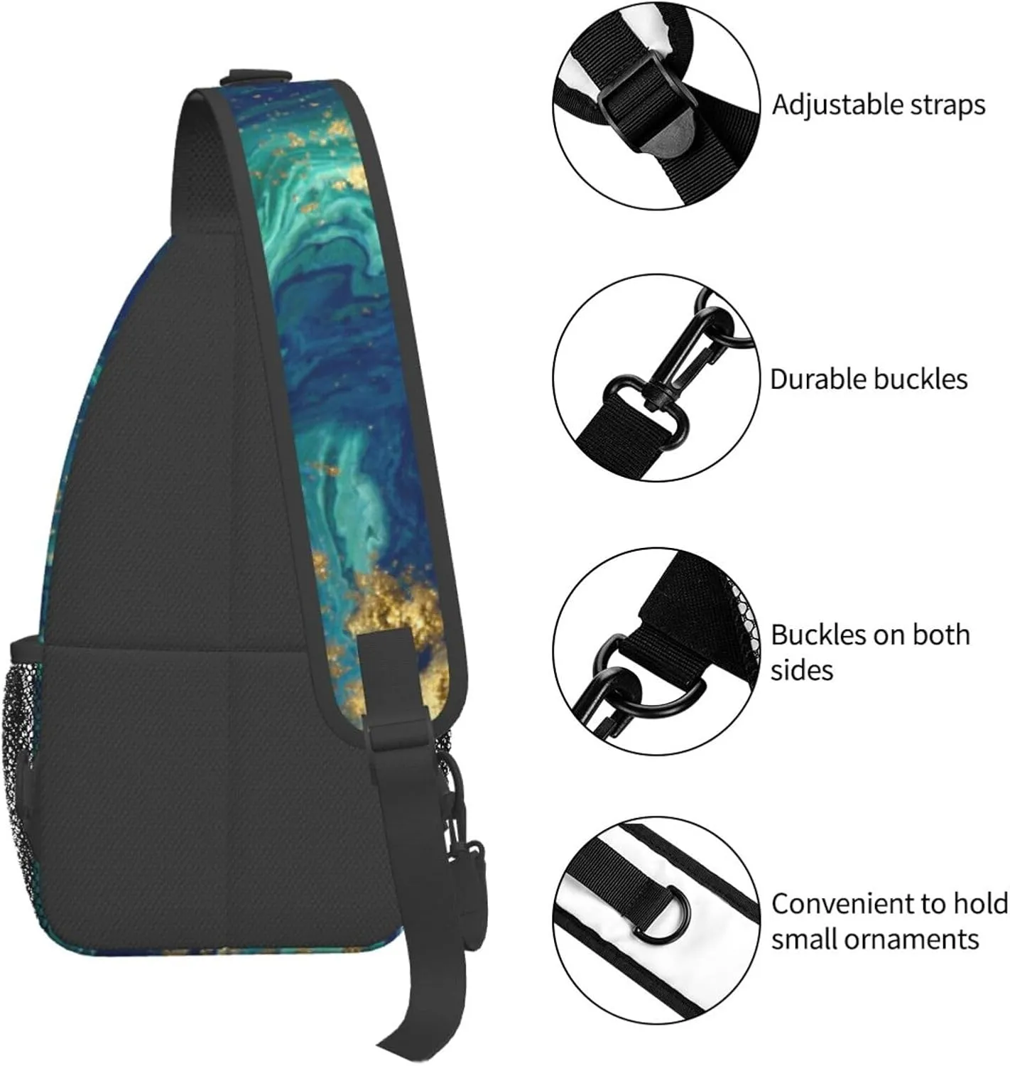 Gold Blue Liquid Fluid Abstract Marble Sling Bag for Women Men's Crossbody Sling Backpack Travel Hiking Daypack Shoulder Chest Bag with Adjustable Strap