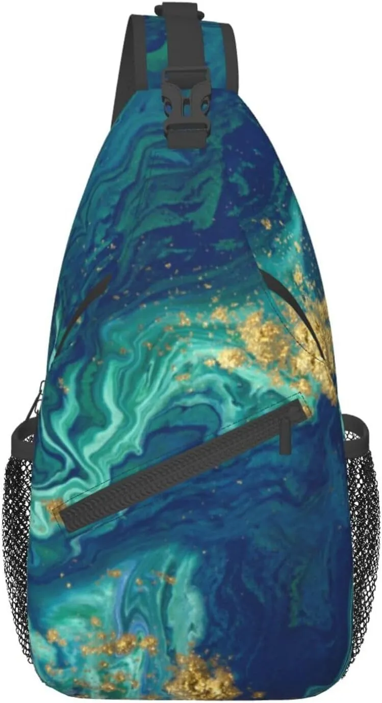 Gold Blue Liquid Fluid Abstract Marble Sling Bag for Women Men's Crossbody Sling Backpack Travel Hiking Daypack Shoulder Chest Bag with Adjustable Strap