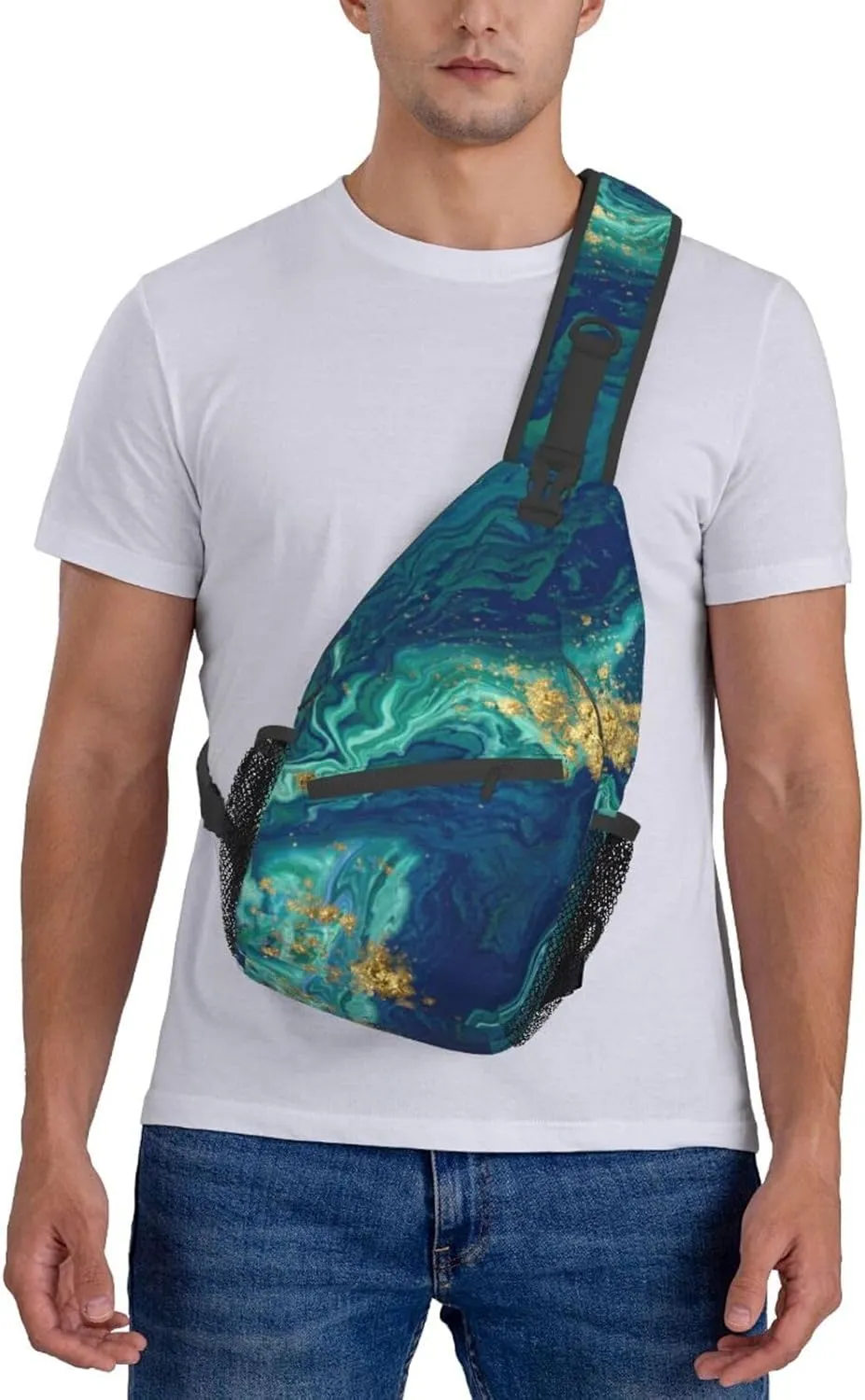Gold Blue Liquid Fluid Abstract Marble Sling Bag for Women Men's Crossbody Sling Backpack Travel Hiking Daypack Shoulder Chest Bag with Adjustable Strap