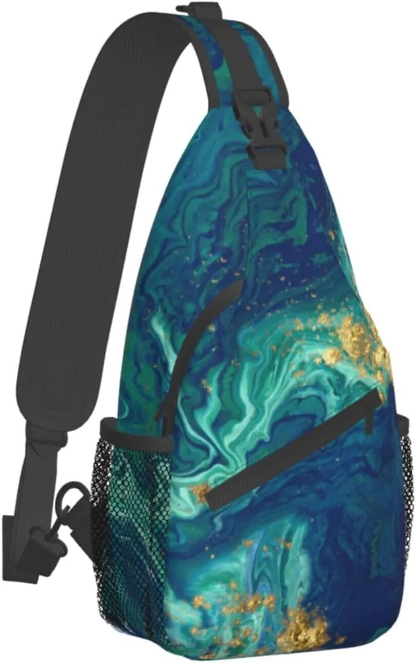 Gold Blue Liquid Fluid Abstract Marble Sling Bag for Women Men's Crossbody Sling Backpack Travel Hiking Daypack Shoulder Chest Bag with Adjustable Strap