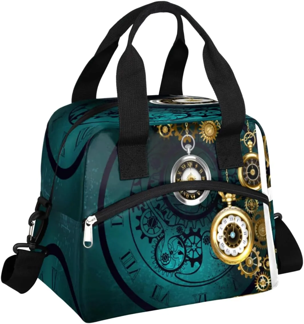 Gold Pocket Watch Lunch Bag Insulated Lunch Tote Bag with Removable Adjustable Shoulder Strap for Women Men Adults Work Vintage Lunchbags