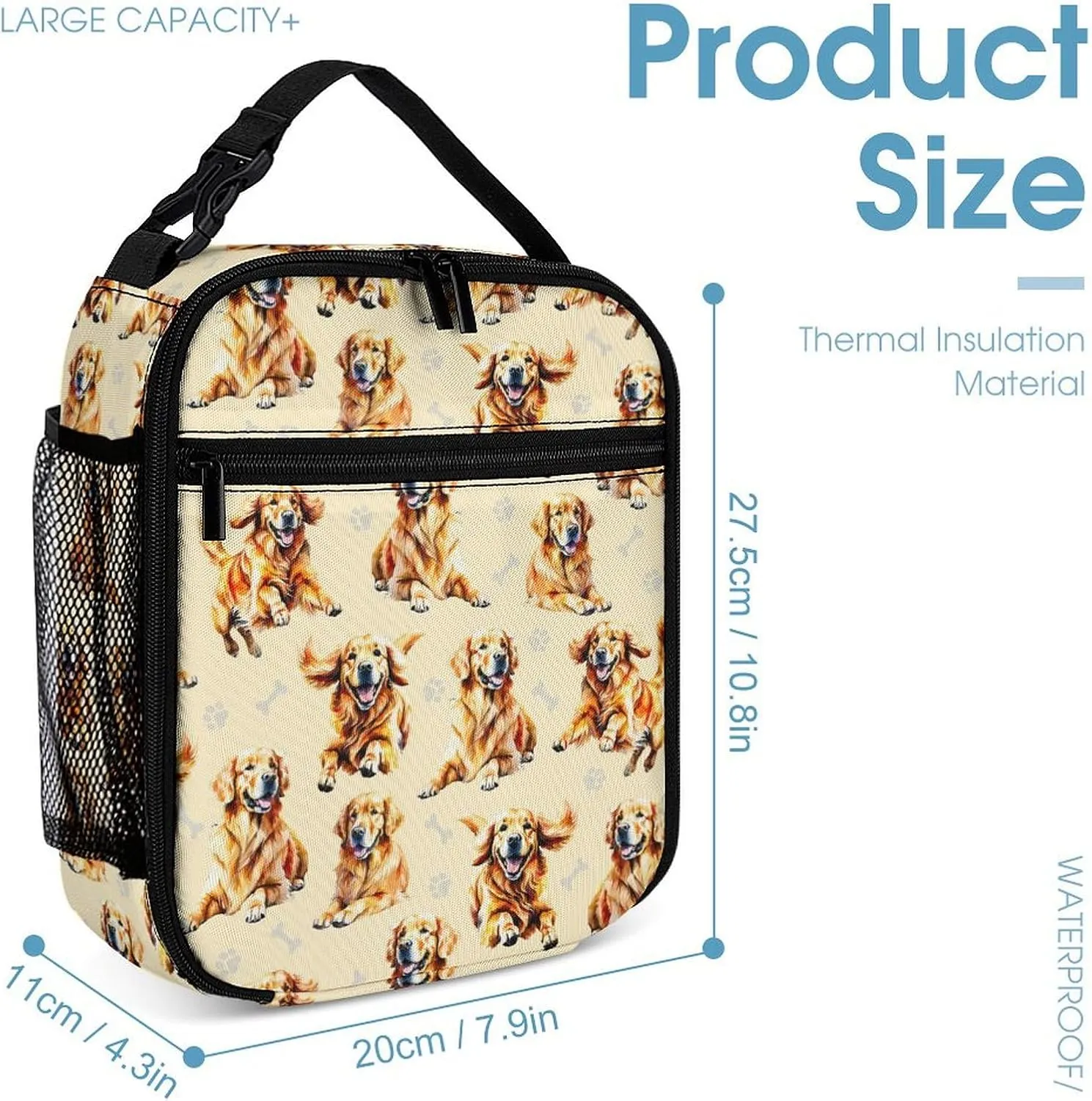 Golden Retriever Backpack with Lunch Box & Pencil Case, 16 Inch Cute Dog Themed Bookbag, Adjustable Lightweight Large Capacity, Colorful Daily Casual Backpacks Set with Lunch Bag