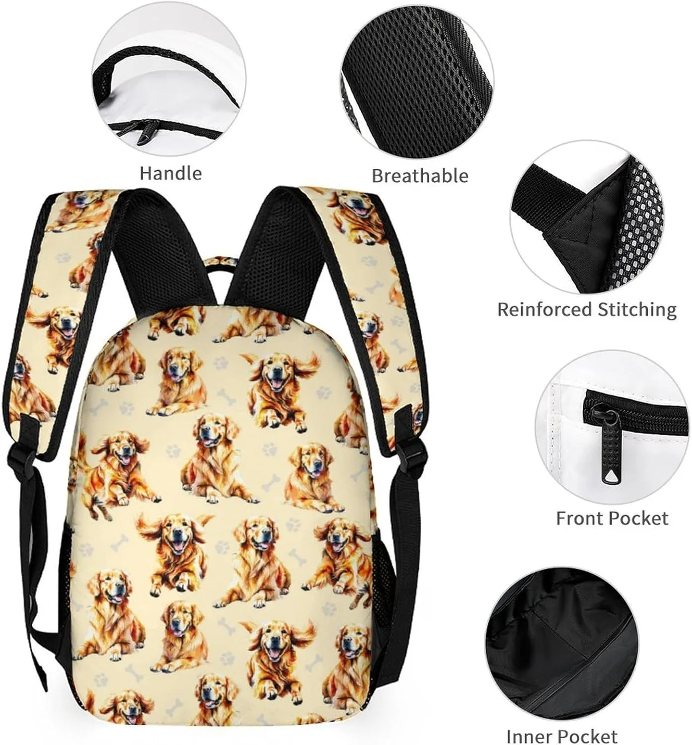 Golden Retriever Backpack with Lunch Box & Pencil Case, 16 Inch Cute Dog Themed Bookbag, Adjustable Lightweight Large Capacity, Colorful Daily Casual Backpacks Set with Lunch Bag