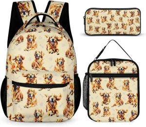 Golden Retriever Backpack with Lunch Box & Pencil Case, 16 Inch Cute Dog Themed Bookbag, Adjustable Lightweight Large Capacity, Colorful Daily Casual Backpacks Set with Lunch Bag
