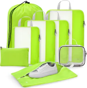 Gonex 8 Set Compression Packing Cubes for Travel, Expandable Mesh Packing Organizer for Travel Accessories Essentials with Toiletry Bag, Laundry Bag, Shoe Bag, Cable Bag for Carry On Fluorescent Green