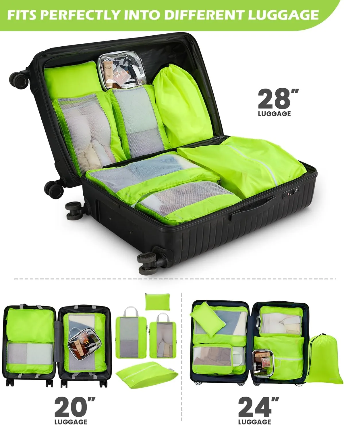Gonex 8 Set Compression Packing Cubes for Travel, Expandable Mesh Packing Organizer for Travel Accessories Essentials with Toiletry Bag, Laundry Bag, Shoe Bag, Cable Bag for Carry On Fluorescent Green