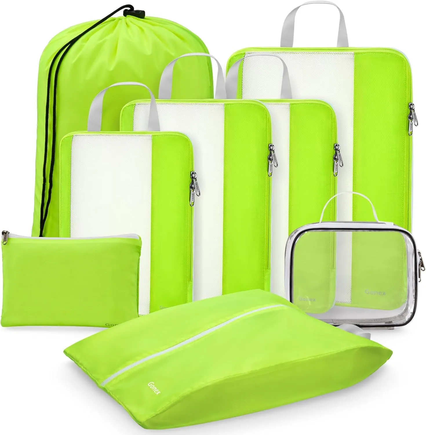 Gonex 8 Set Compression Packing Cubes for Travel, Expandable Mesh Packing Organizer for Travel Accessories Essentials with Toiletry Bag, Laundry Bag, Shoe Bag, Cable Bag for Carry On Fluorescent Green