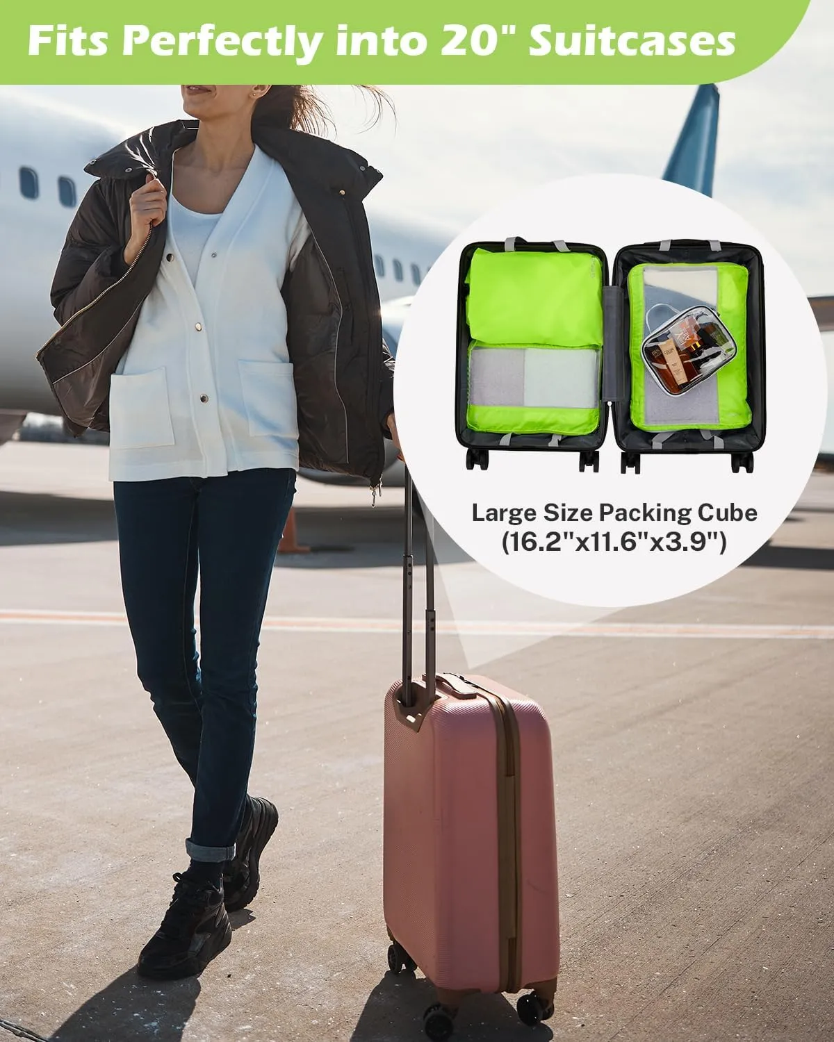 Gonex 8 Set Compression Packing Cubes for Travel, Expandable Mesh Packing Organizer for Travel Accessories Essentials with Toiletry Bag, Laundry Bag, Shoe Bag, Cable Bag for Carry On Fluorescent Green