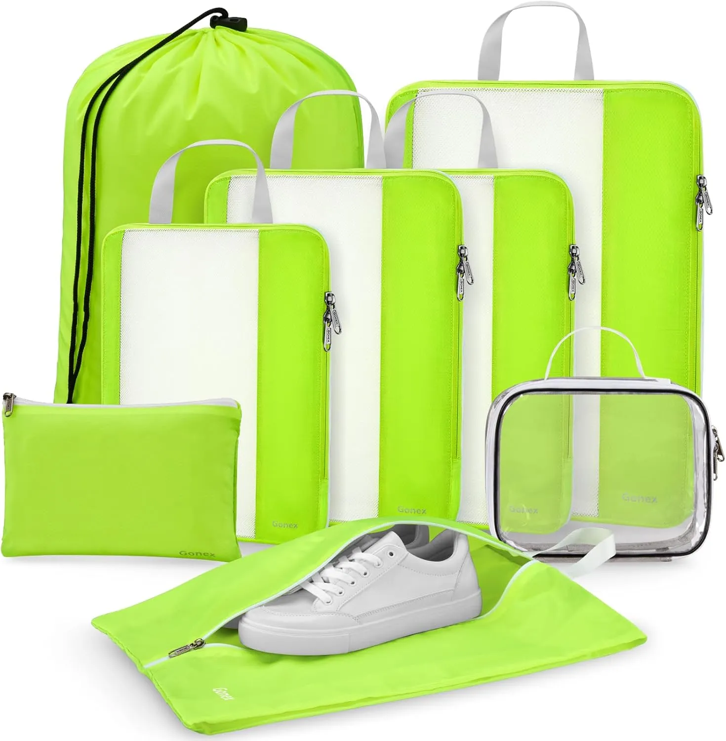 Gonex 8 Set Compression Packing Cubes for Travel, Expandable Mesh Packing Organizer for Travel Accessories Essentials with Toiletry Bag, Laundry Bag, Shoe Bag, Cable Bag for Carry On Fluorescent Green