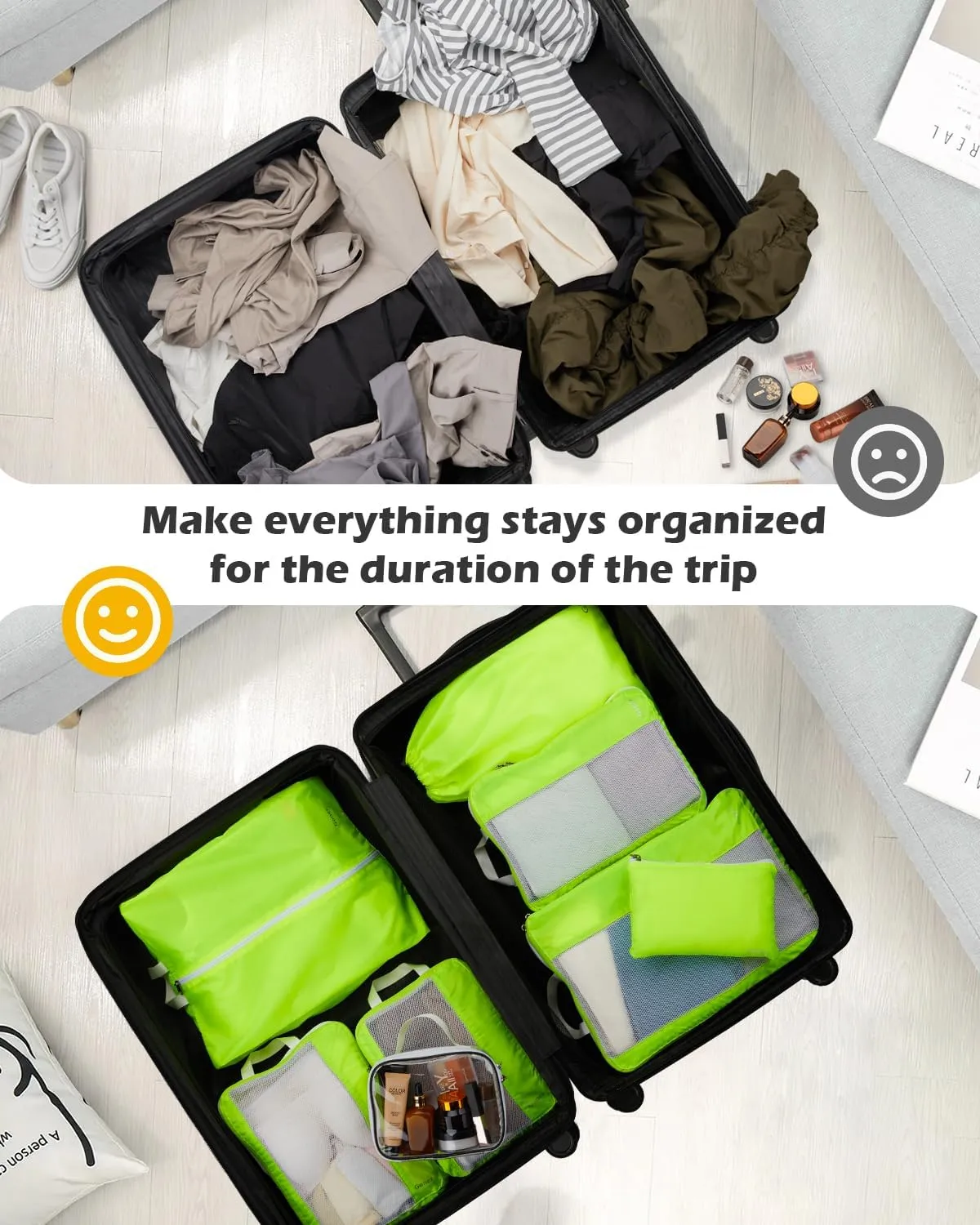 Gonex 8 Set Compression Packing Cubes for Travel, Expandable Mesh Packing Organizer for Travel Accessories Essentials with Toiletry Bag, Laundry Bag, Shoe Bag, Cable Bag for Carry On Fluorescent Green