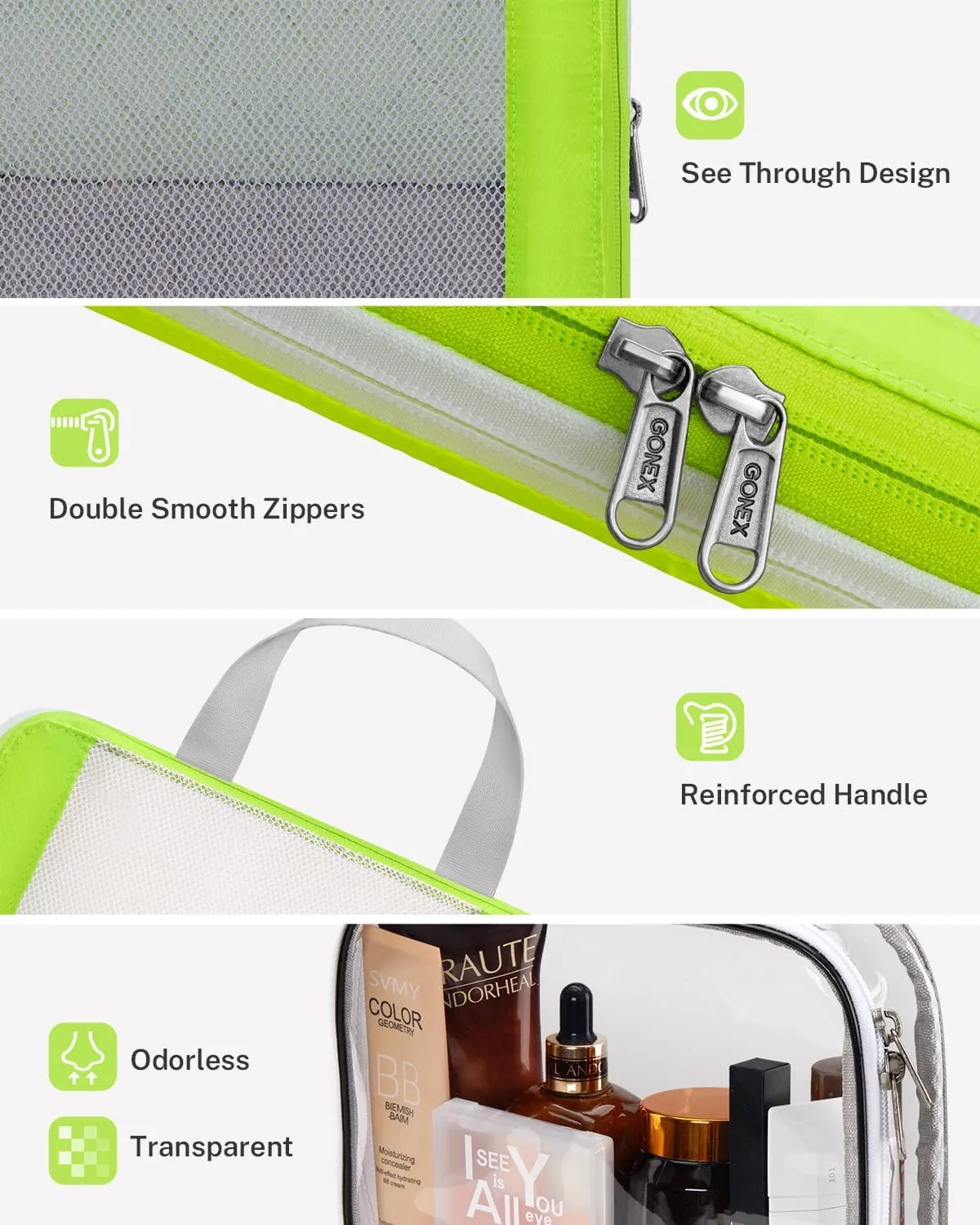 Gonex 8 Set Compression Packing Cubes for Travel, Expandable Mesh Packing Organizer for Travel Accessories Essentials with Toiletry Bag, Laundry Bag, Shoe Bag, Cable Bag for Carry On Fluorescent Green