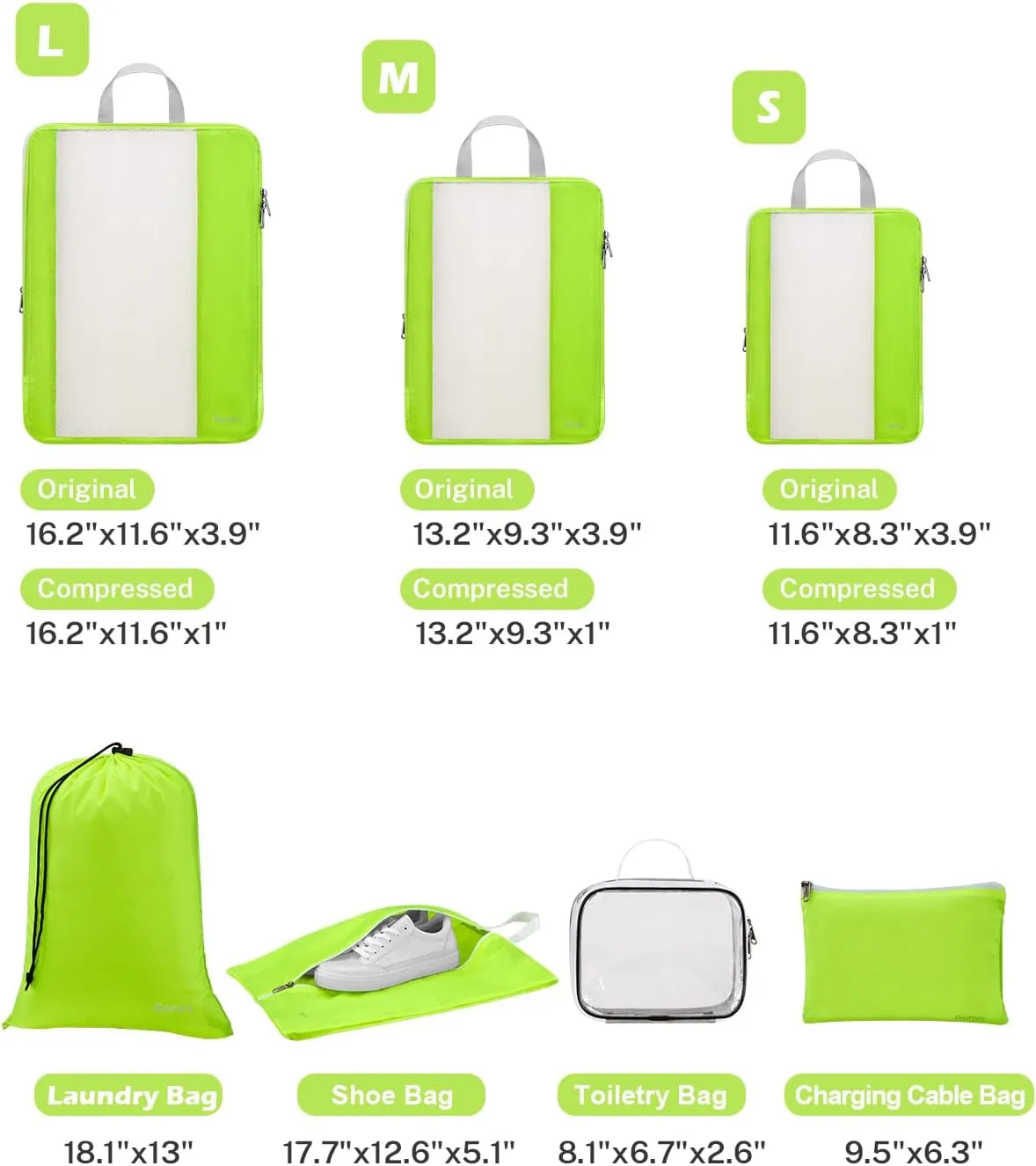 Gonex 8 Set Compression Packing Cubes for Travel, Expandable Mesh Packing Organizer for Travel Accessories Essentials with Toiletry Bag, Laundry Bag, Shoe Bag, Cable Bag for Carry On Fluorescent Green
