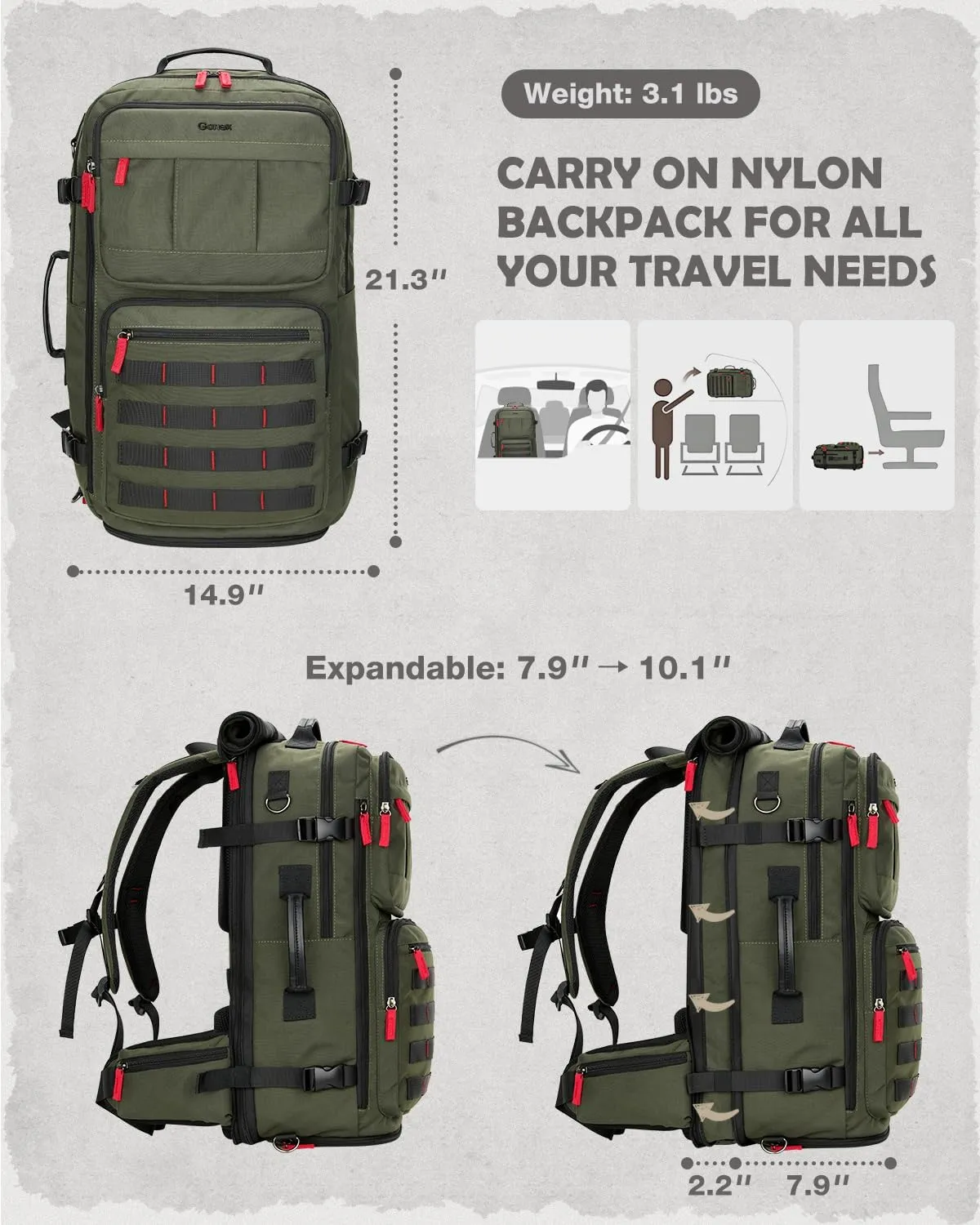 Gonex Travel Backpack, Large Carry-On Nylon Duffle Bag, 3-in-1 Convertible Laptop Bag for Men & Women, Durable for Work & Weekend Travel (Army Green)