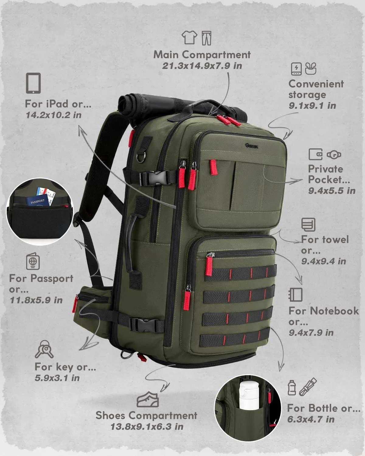 Gonex Travel Backpack, Large Carry-On Nylon Duffle Bag, 3-in-1 Convertible Laptop Bag for Men & Women, Durable for Work & Weekend Travel (Army Green)