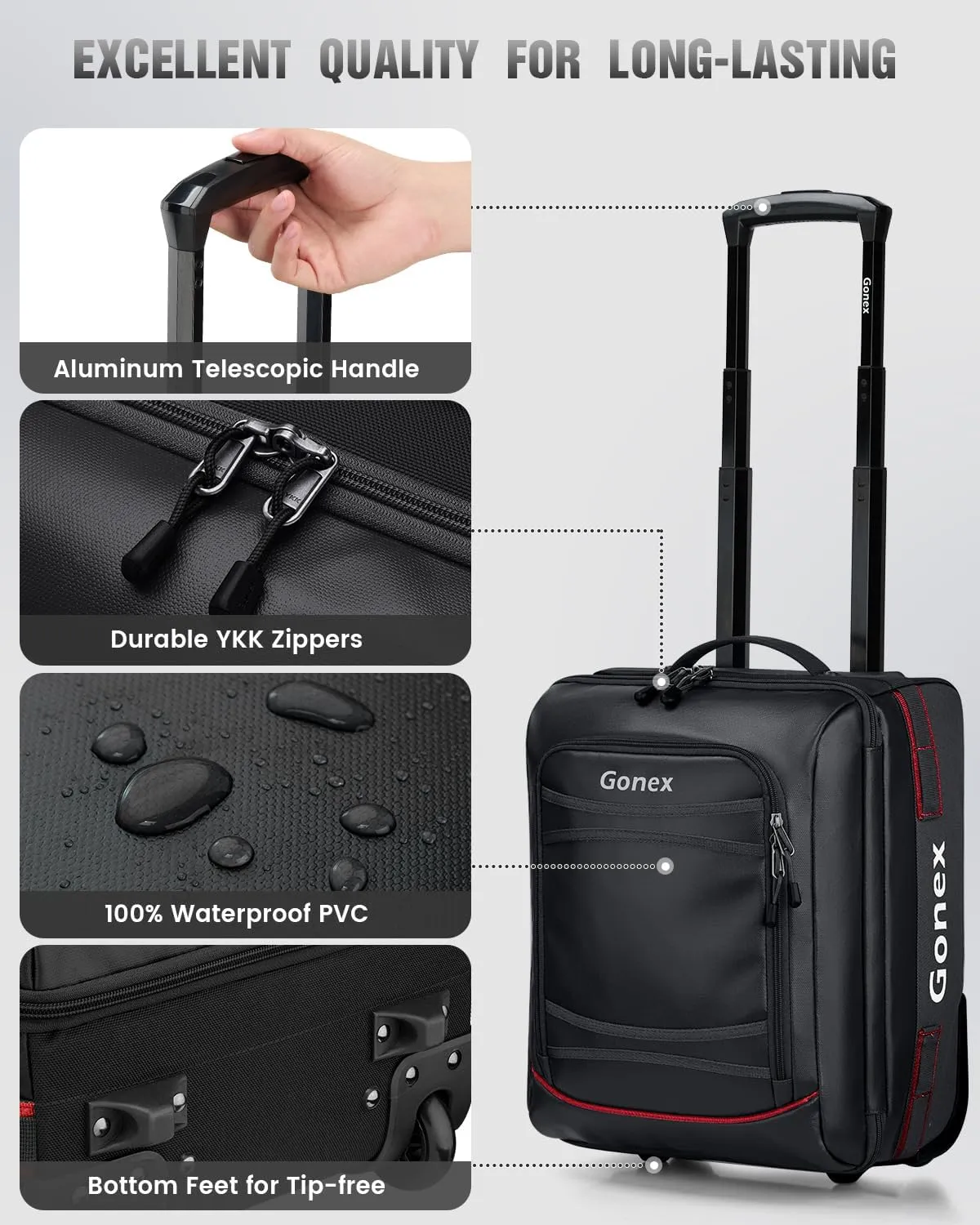 Gonex Waterproof Underseat Carry on Luggage with Wheels, 16 inch PVC Small Wheeled Travel Luggage for Airline, Rolling Overnight Weekender Suitcase for Men Women 30L, Black