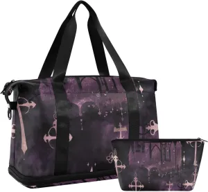 Gothic Darkness Moon Cross Purple Travel Duffel Bags Weekender/Overnight Duffel with Adjustable Strap for Yoga Foldable