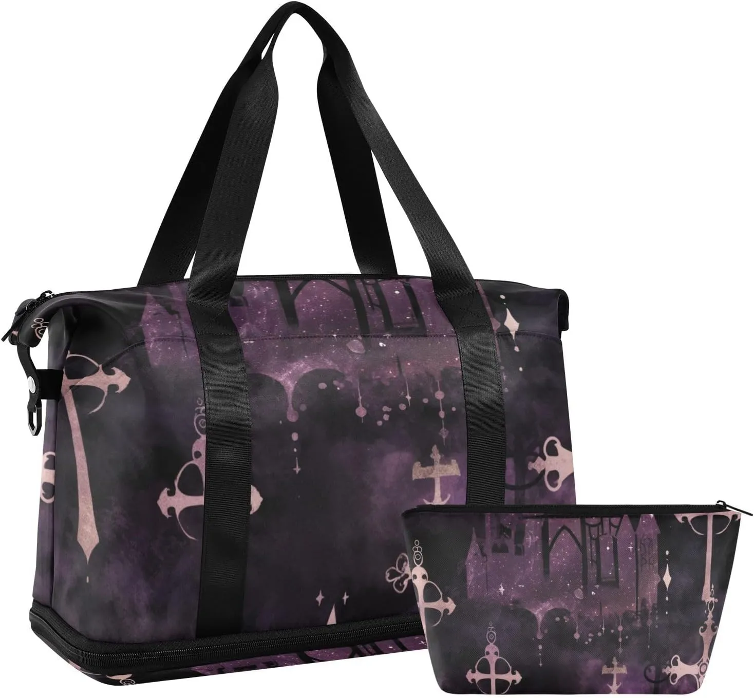 Gothic Darkness Moon Cross Purple Travel Duffel Bags Weekender/Overnight Duffel with Adjustable Strap for Yoga Foldable