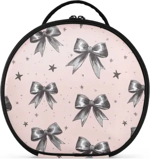 Gray Bows Round Makeup Bag for Women, Travel Cosmetic Organizer Bag with Adjustable Dividers Portable Artist Makeup Bags for Cosmetics Jewelry Accessories