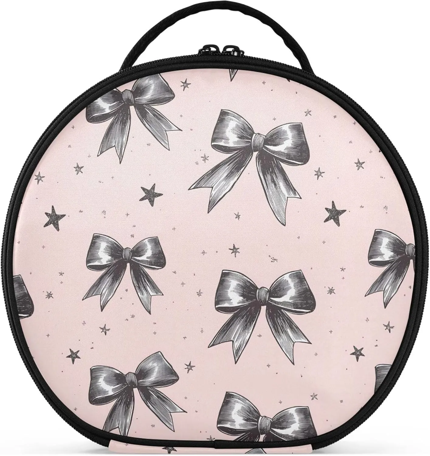 Gray Bows Round Makeup Bag for Women, Travel Cosmetic Organizer Bag with Adjustable Dividers Portable Artist Makeup Bags for Cosmetics Jewelry Accessories