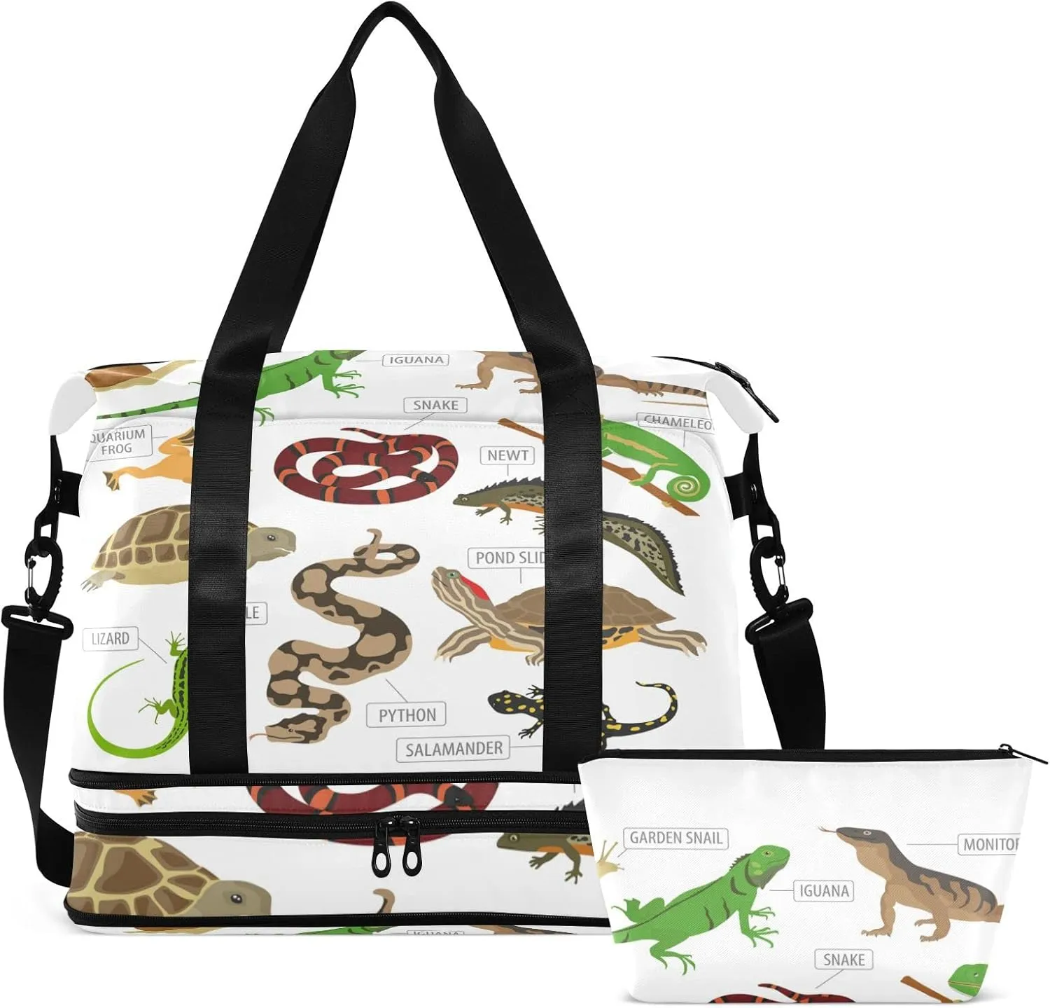 Green and Brown Pet Reptiles Frog Iguana Lizard Snake Newt Turtle Gym Duffel Bag, Polyester Travel Weekender Luggage Handbag with Waterproof Pocket for Wet Items, Unisex Foldable Tote for Sports