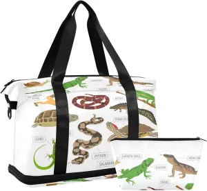 Green and Brown Pet Reptiles Frog Iguana Lizard Snake Newt Turtle Gym Duffel Bag, Polyester Travel Weekender Luggage Handbag with Waterproof Pocket for Wet Items, Unisex Foldable Tote for Sports