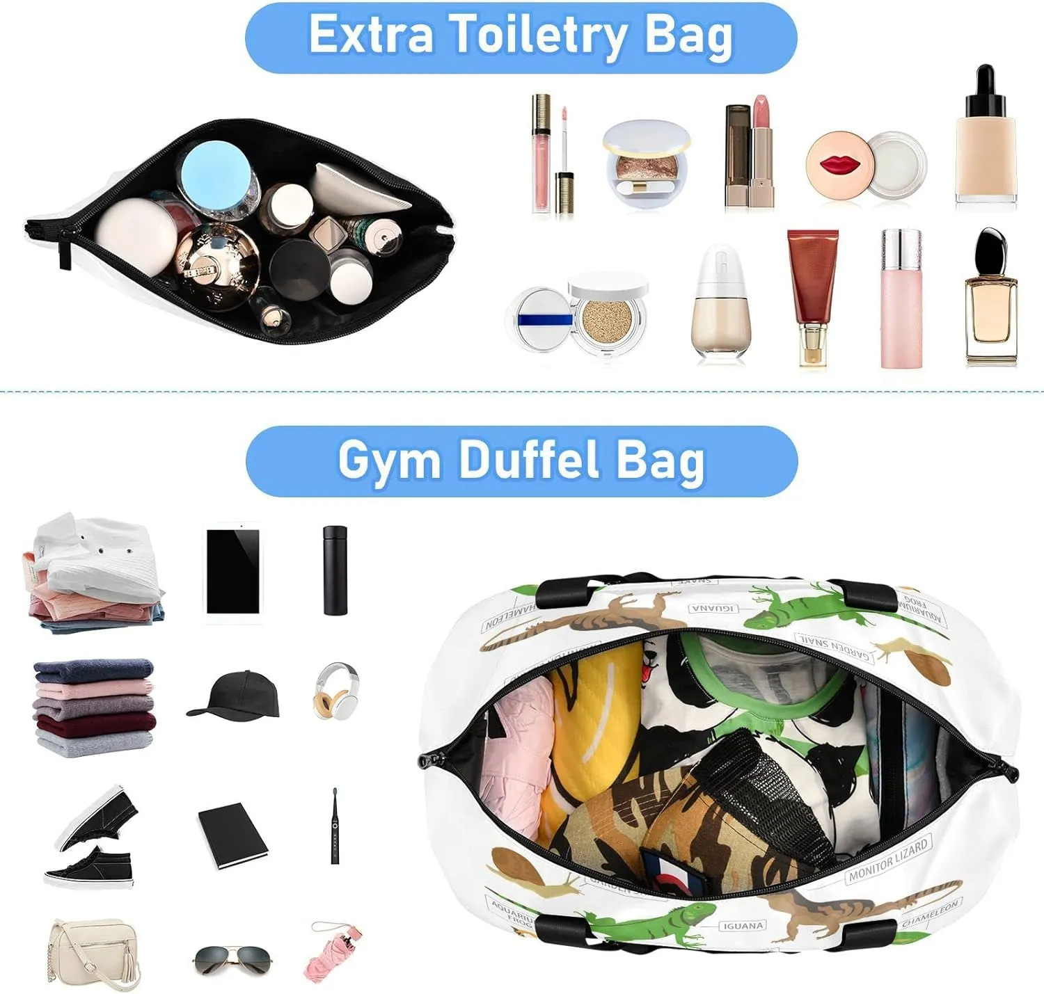 Green and Brown Pet Reptiles Frog Iguana Lizard Snake Newt Turtle Gym Duffel Bag, Polyester Travel Weekender Luggage Handbag with Waterproof Pocket for Wet Items, Unisex Foldable Tote for Sports