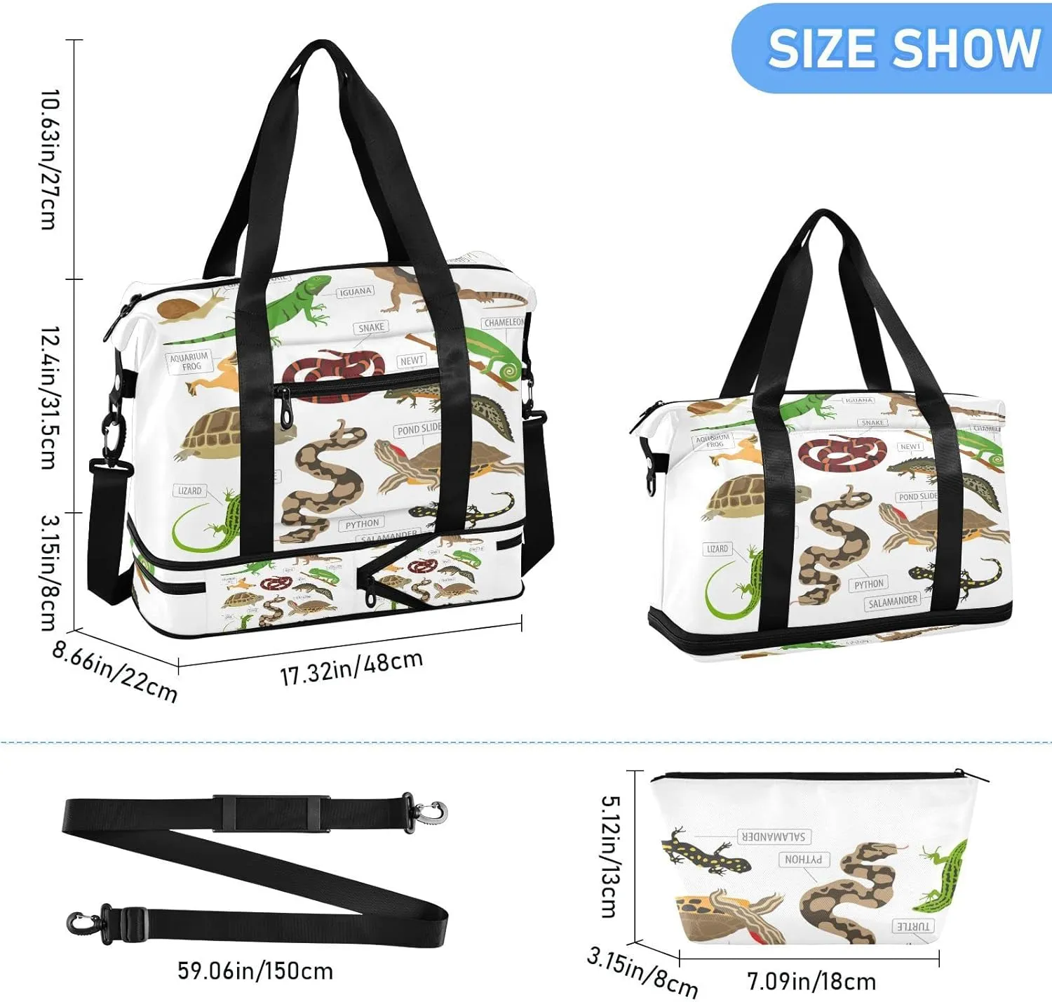 Green and Brown Pet Reptiles Frog Iguana Lizard Snake Newt Turtle Gym Duffel Bag, Polyester Travel Weekender Luggage Handbag with Waterproof Pocket for Wet Items, Unisex Foldable Tote for Sports