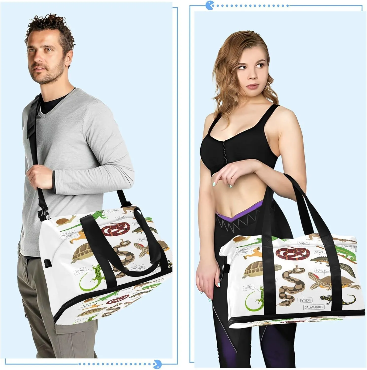 Green and Brown Pet Reptiles Frog Iguana Lizard Snake Newt Turtle Gym Duffel Bag, Polyester Travel Weekender Luggage Handbag with Waterproof Pocket for Wet Items, Unisex Foldable Tote for Sports