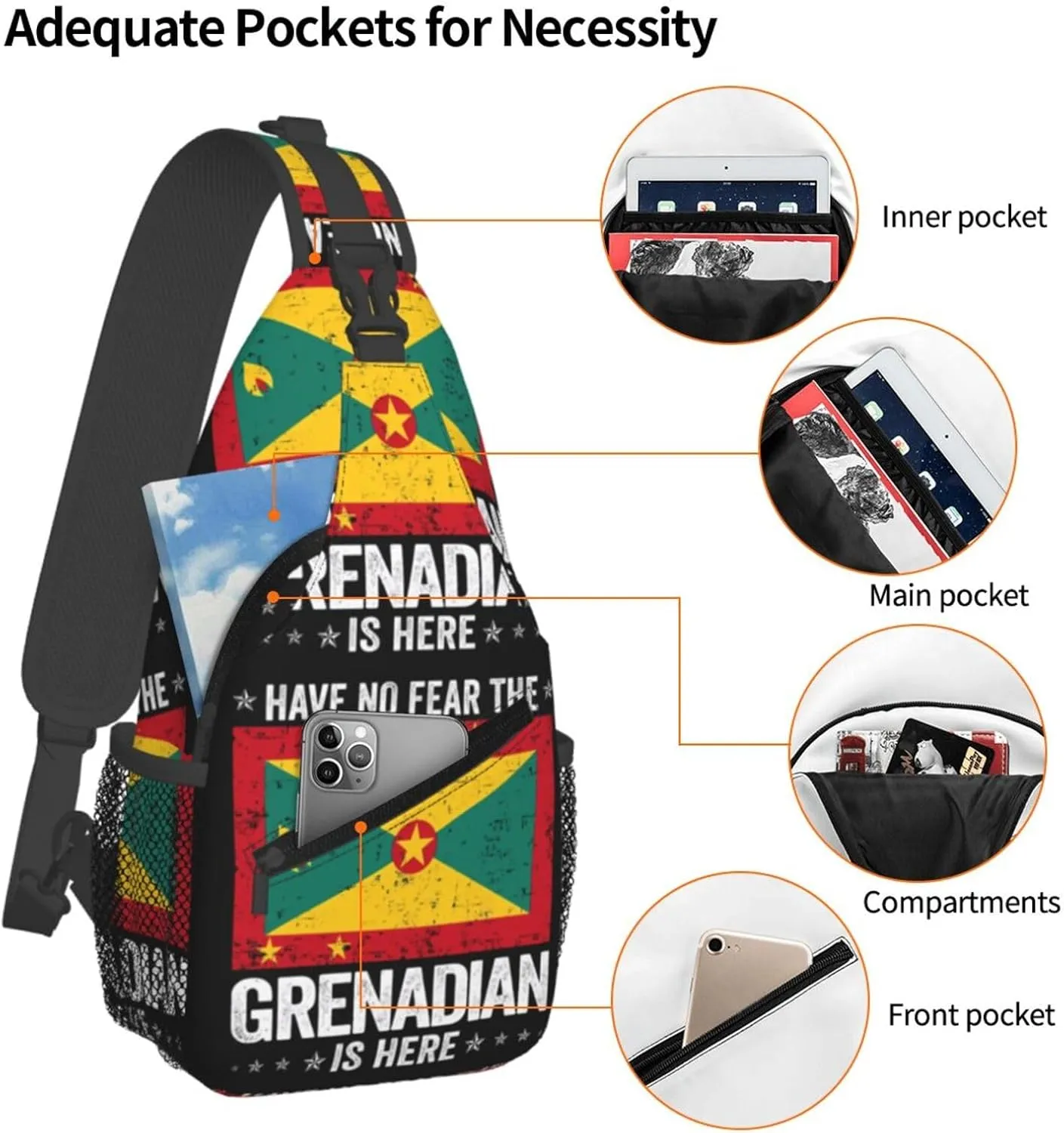 Grenada Flag Have No Fear The Grenadian Crossbody Bag Cross Chest Bag Adjustable Sling Backpack Sports Gym Shoulder Bags Travel Cycling Daypack Diagonally Casual Rucksack