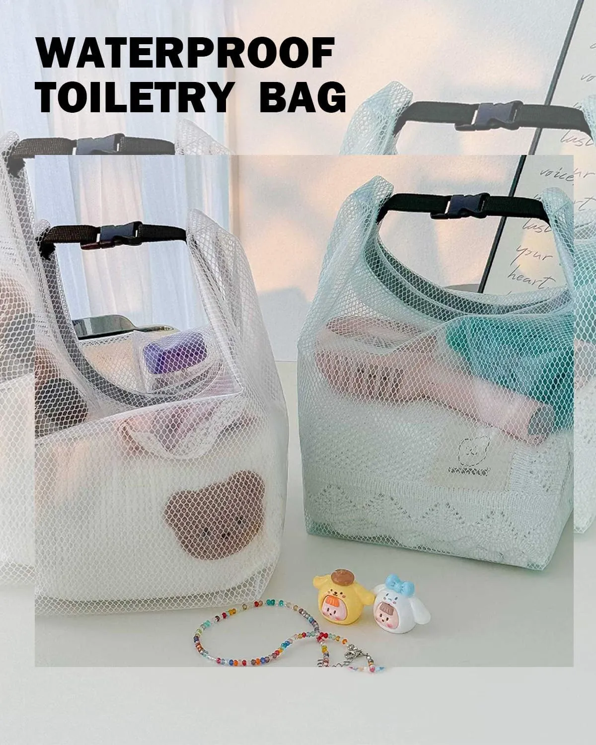 GRINKO Mesh Shower Bag Travel Makeup Pouch for Women Waterproof Toiletry Bag Plastic Make Up Bags for Carry On with Buckle Handle Green