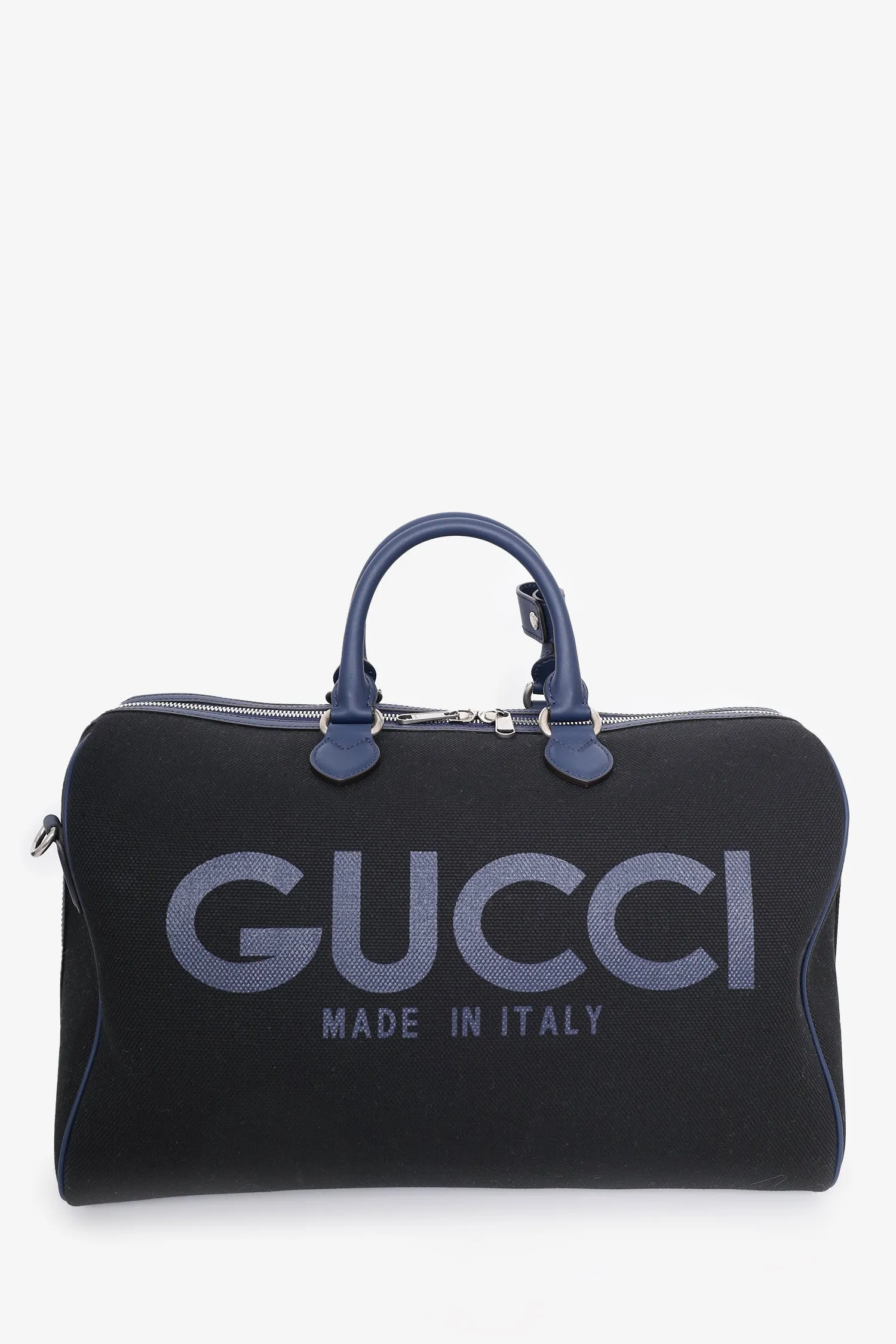 Gucci Black/Navy Canvas/Leather 'Gucci' Printed Duffle Bag With Strap