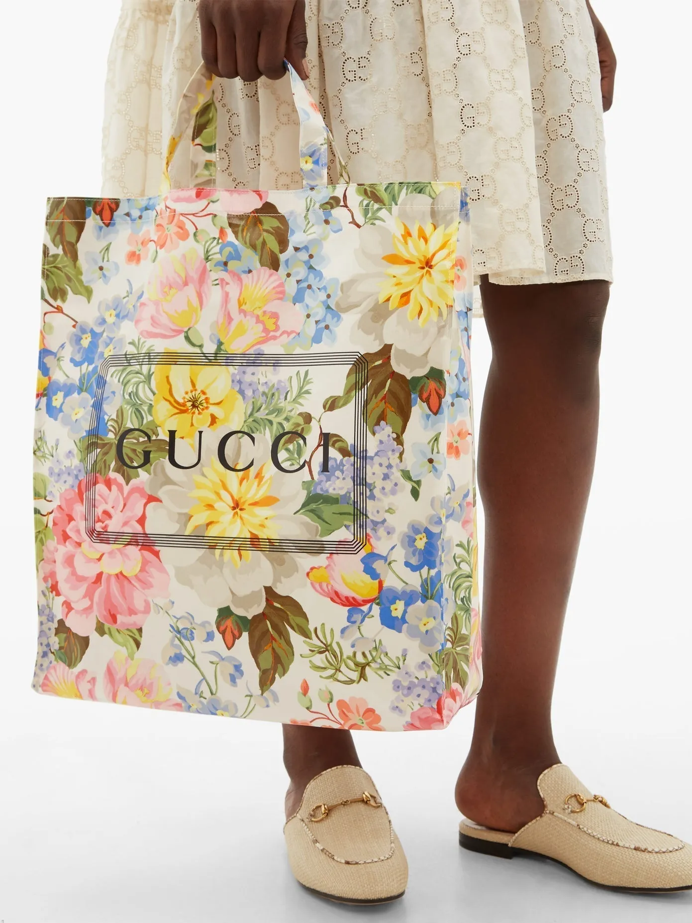 Gucci Floral-print Logo Tote Bag in White