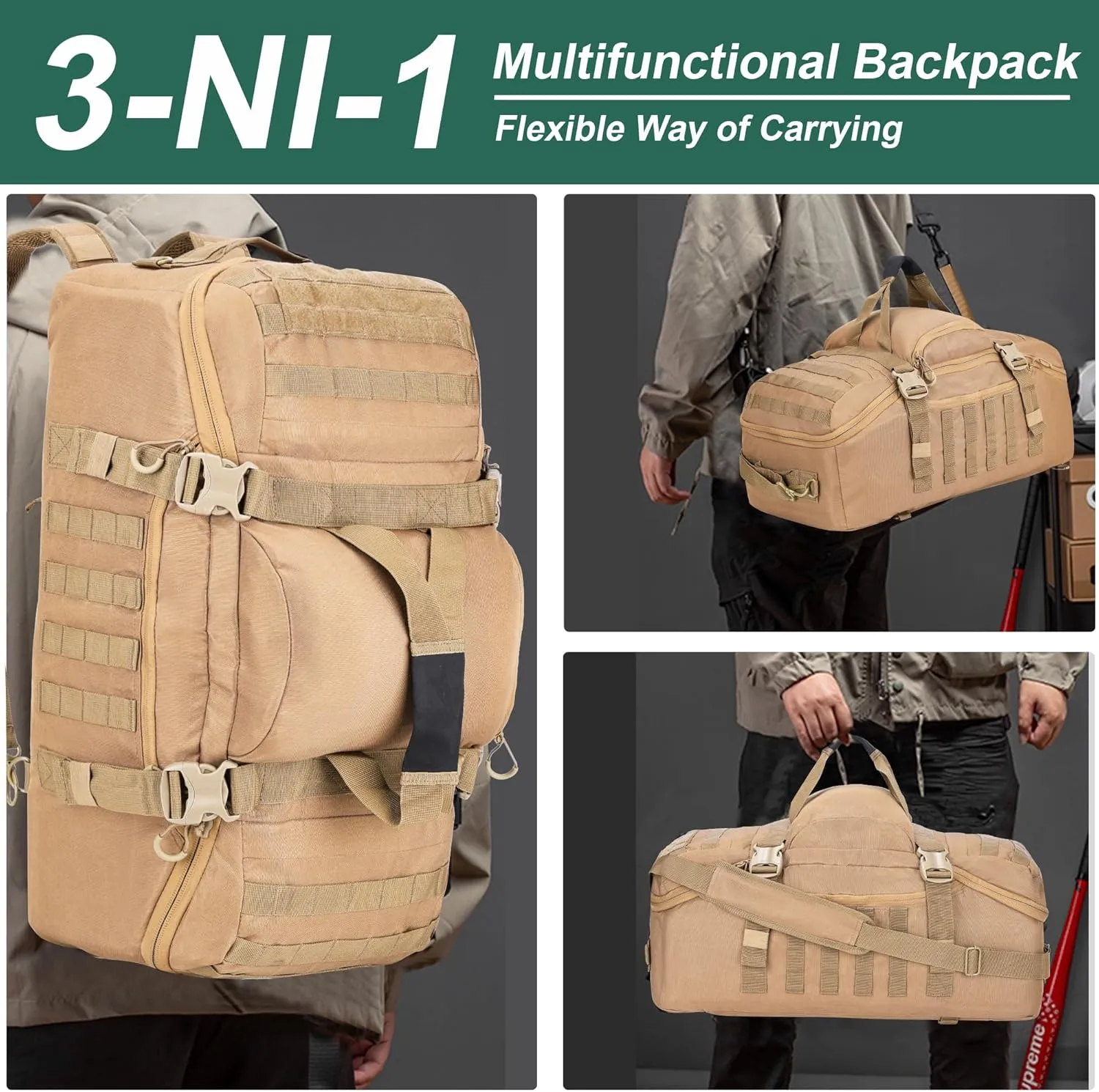 Gym Bag Duffle Bags Backpack Travel Duffle Bag with Weekend Overnight Bag for Outdoor Tactical Sports Travel Camping Hunting (Coyote, 60L)