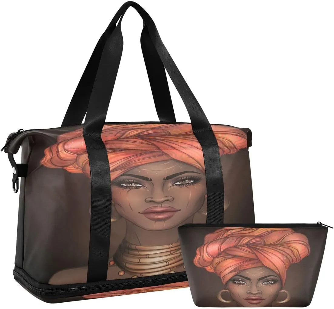 Gym Bag Sports Travel Duffel Bag Weekender Overnight Bag with Wet Pocket Shoes Compartment and Toiletry Bag African American Woman for Travel, Business,Gym, Yoga