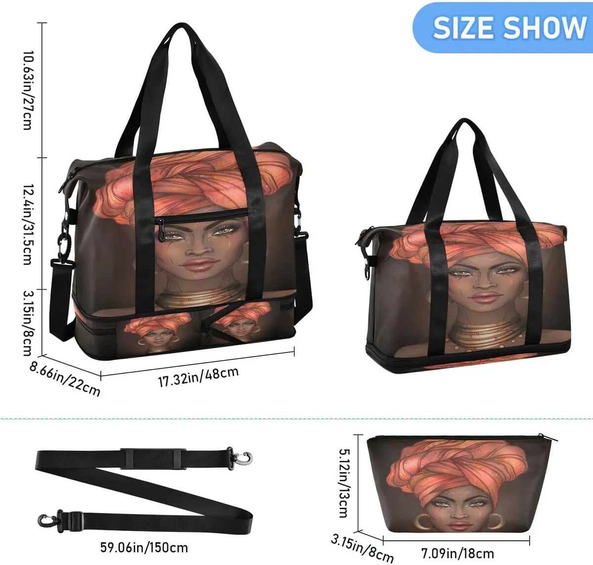 Gym Bag Sports Travel Duffel Bag Weekender Overnight Bag with Wet Pocket Shoes Compartment and Toiletry Bag African American Woman for Travel, Business,Gym, Yoga