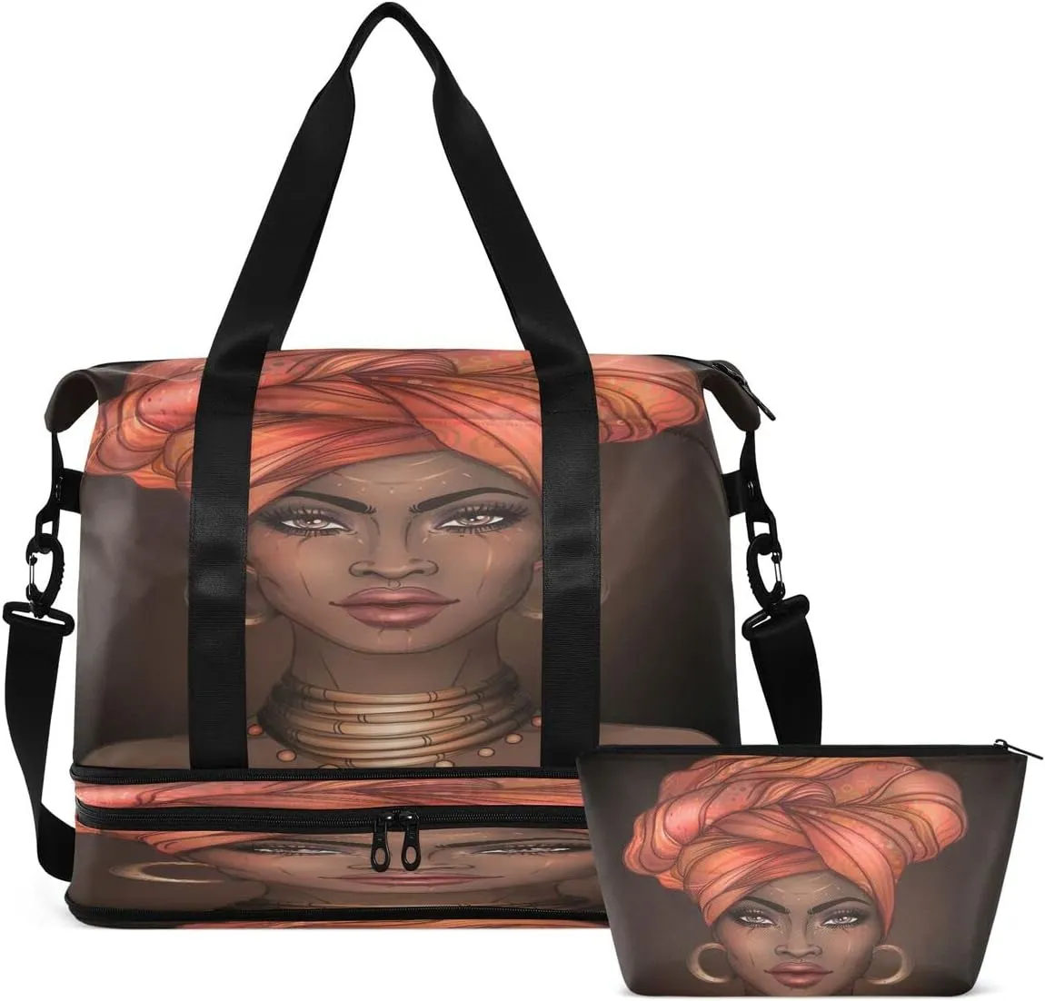 Gym Bag Sports Travel Duffel Bag Weekender Overnight Bag with Wet Pocket Shoes Compartment and Toiletry Bag African American Woman for Travel, Business,Gym, Yoga