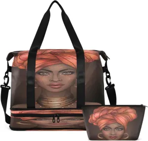 Gym Bag Sports Travel Duffel Bag Weekender Overnight Bag with Wet Pocket Shoes Compartment and Toiletry Bag African American Woman for Travel, Business,Gym, Yoga