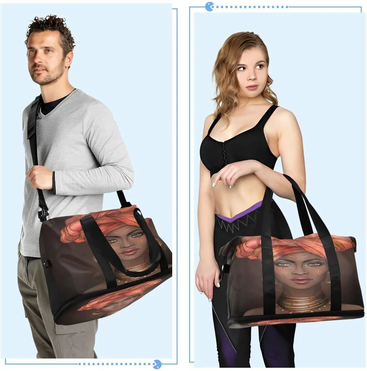 Gym Bag Sports Travel Duffel Bag Weekender Overnight Bag with Wet Pocket Shoes Compartment and Toiletry Bag African American Woman for Travel, Business,Gym, Yoga