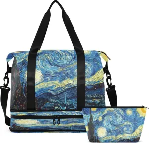 Gym Bag Sports Travel Duffel Bag Weekender Overnight Bag with Wet Pocket Shoes Compartment and Toiletry Bag Van Gogh Starry Sky for Travel, Business,Gym, Yoga