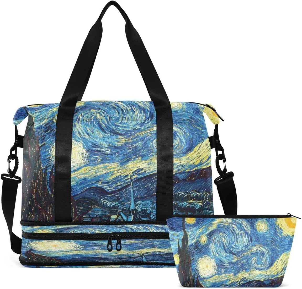 Gym Bag Sports Travel Duffel Bag Weekender Overnight Bag with Wet Pocket Shoes Compartment and Toiletry Bag Van Gogh Starry Sky for Travel, Business,Gym, Yoga