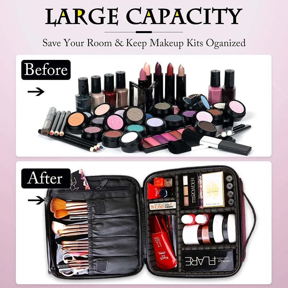 gzcz Travel Makeup Bag 10.4 Inches Professional Cosmetic Case Make Up Bag Cosmetic Brush Organizer Bag with Adjustable Divider, Storage Case for Girls and Women(S-Rose Red)