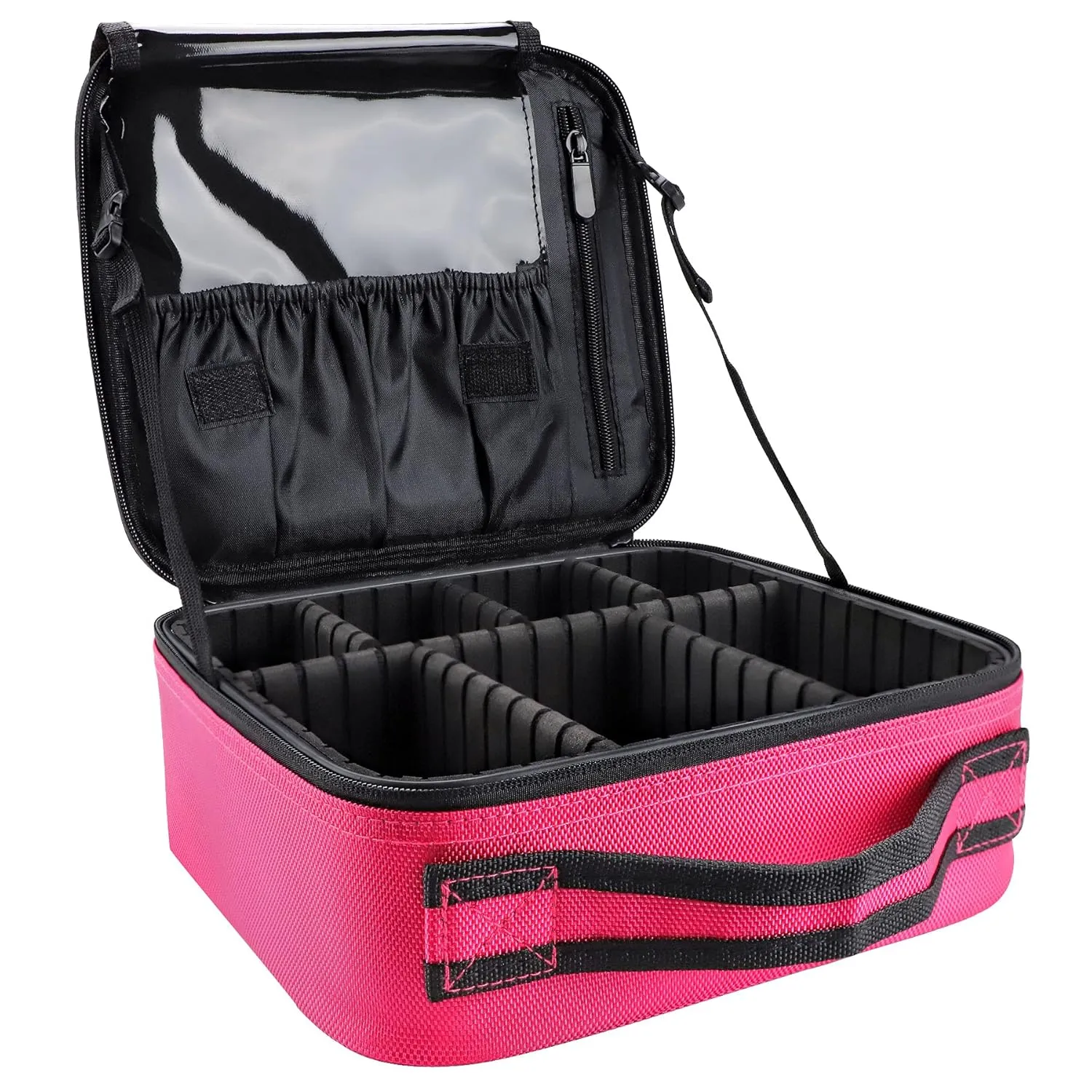 gzcz Travel Makeup Bag 10.4 Inches Professional Cosmetic Case Make Up Bag Cosmetic Brush Organizer Bag with Adjustable Divider, Storage Case for Girls and Women(S-Rose Red)