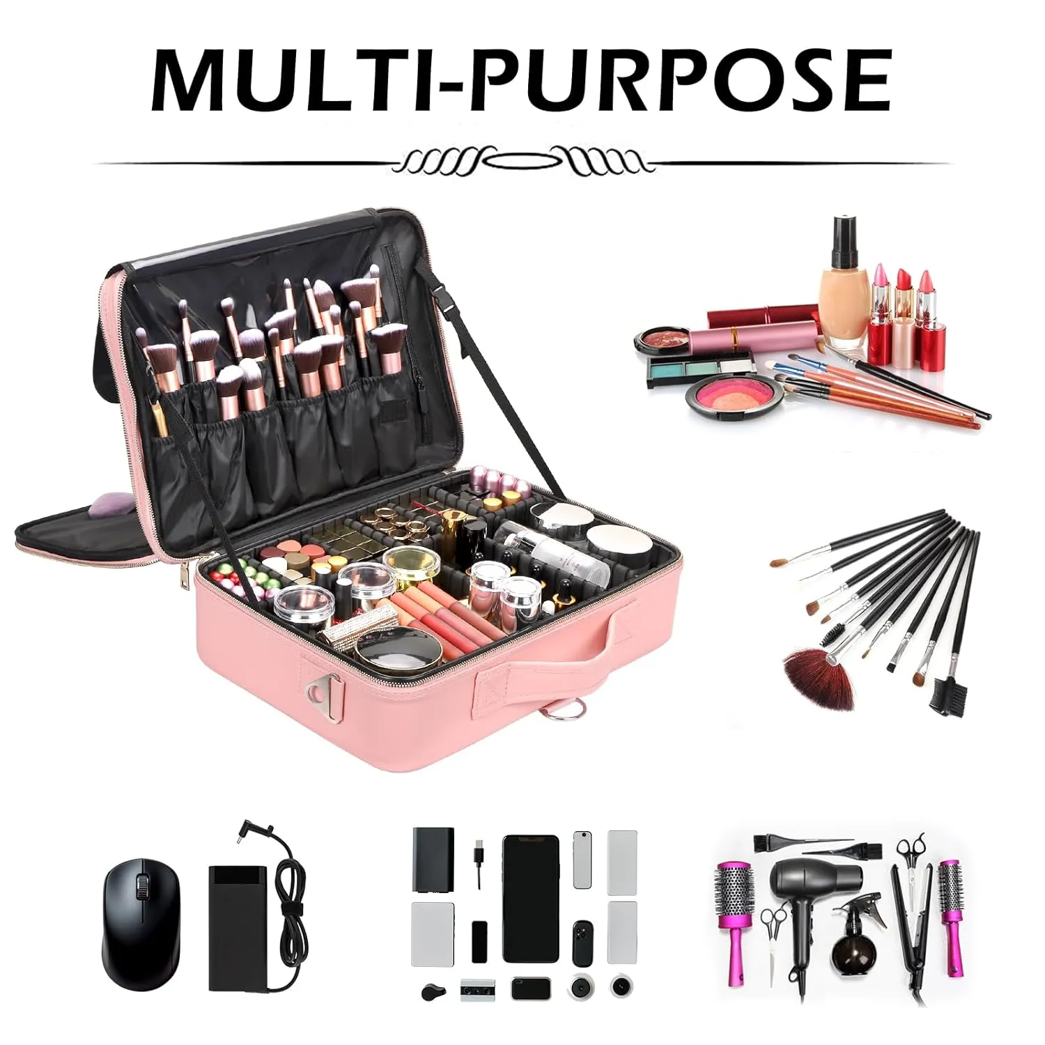 gzcz Travel Makeup Case 16.2 Inches Large Capacity Cosmetic Bag Organizer Portable Waterproof Artist Storage Bag with Adjustable Dividers and Shoulder Strap for Make up Brushes Jewelry (Pink)