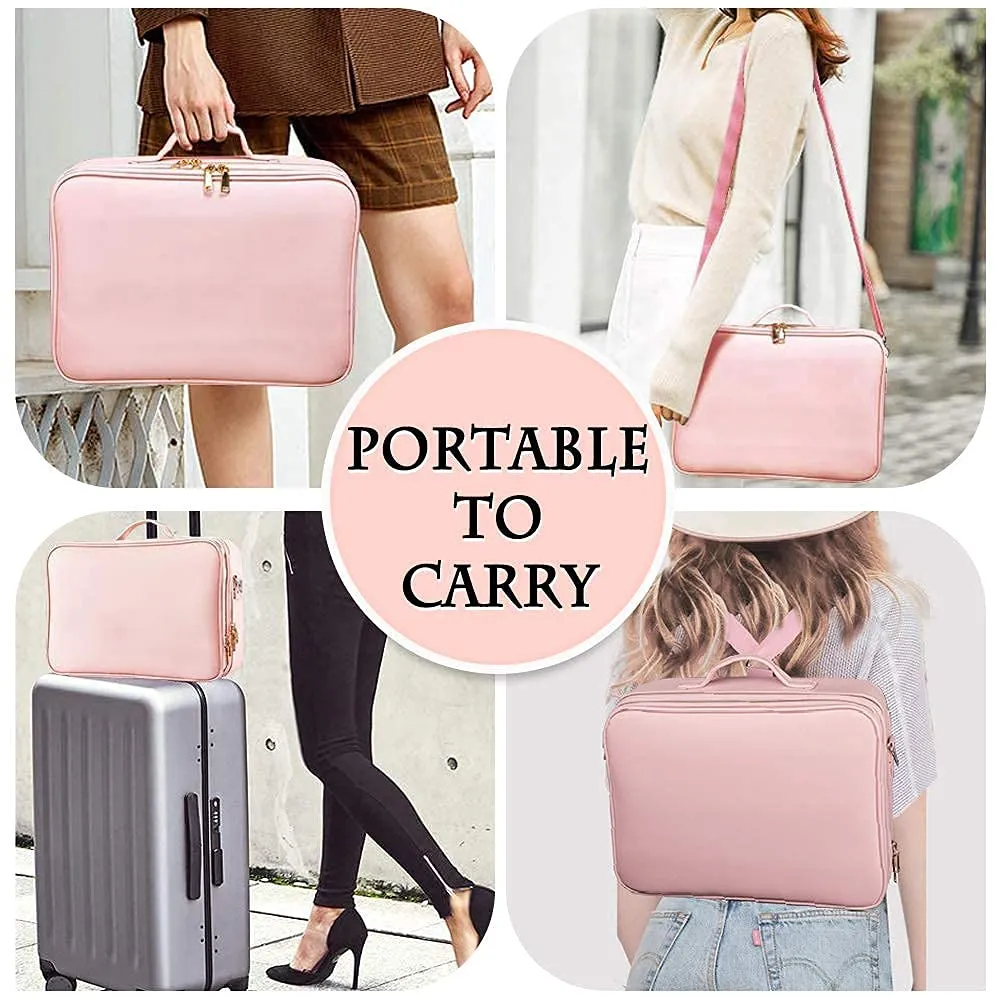 gzcz Travel Makeup Case 16.2 Inches Large Capacity Cosmetic Bag Organizer Portable Waterproof Artist Storage Bag with Adjustable Dividers and Shoulder Strap for Make up Brushes Jewelry (Pink)